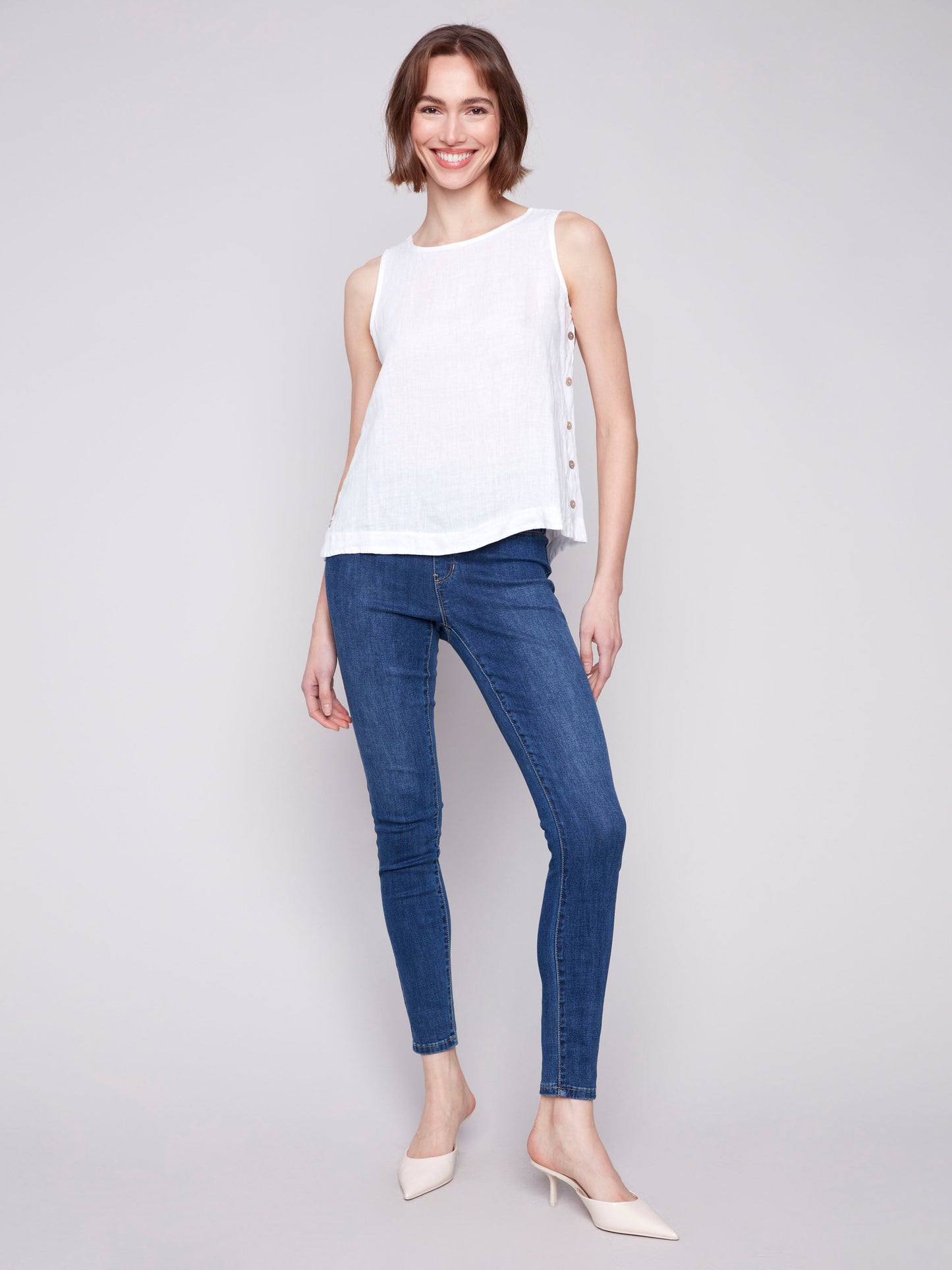 Sleeveless Linen Top with Side Buttons - White