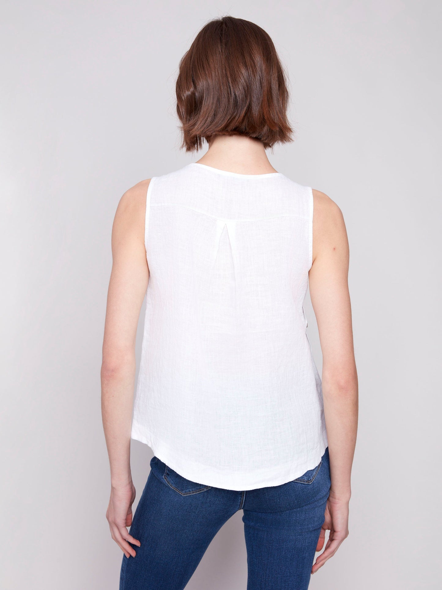Sleeveless Linen Top with Side Buttons - White