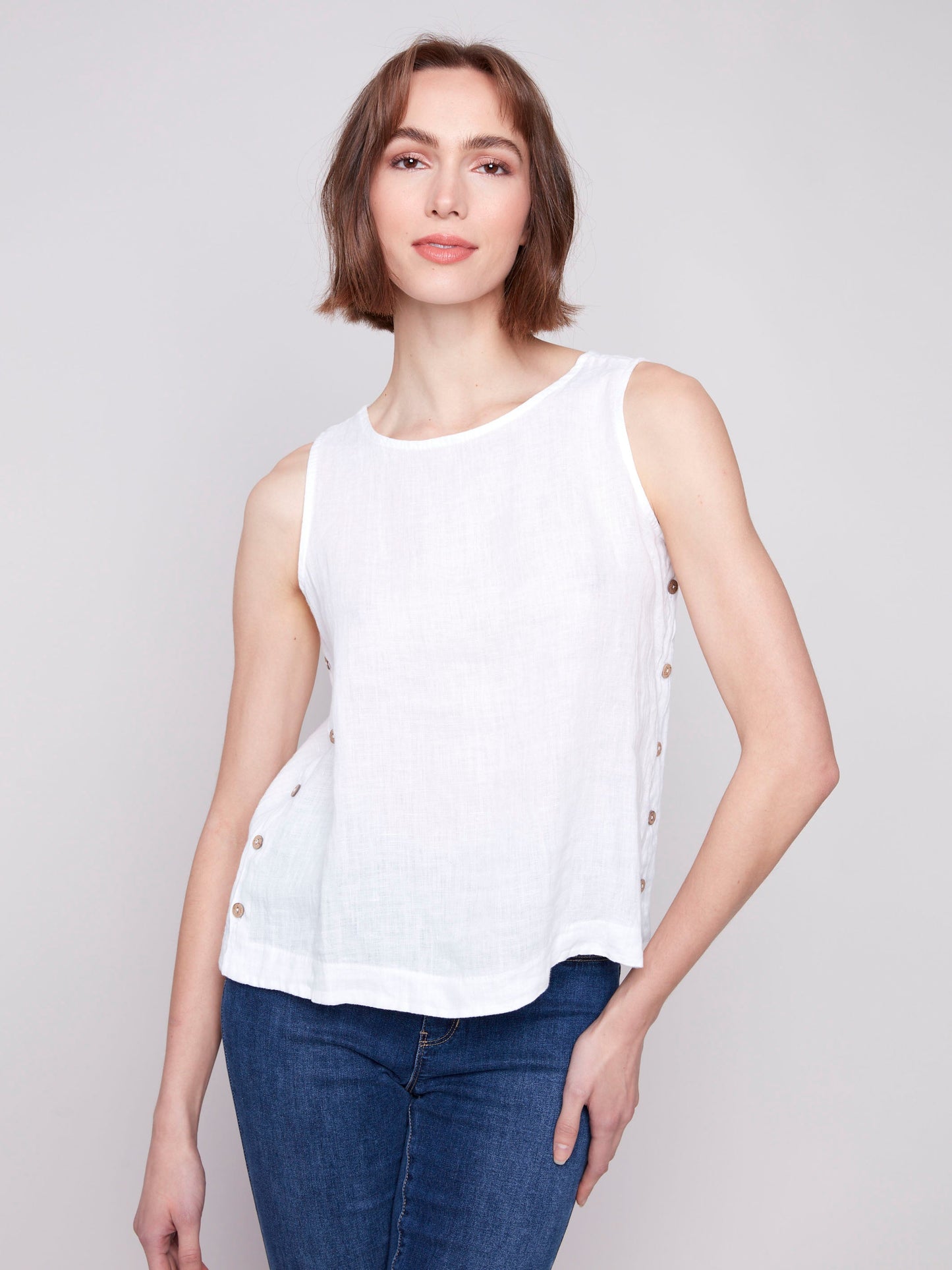 Sleeveless Linen Top with Side Buttons - White