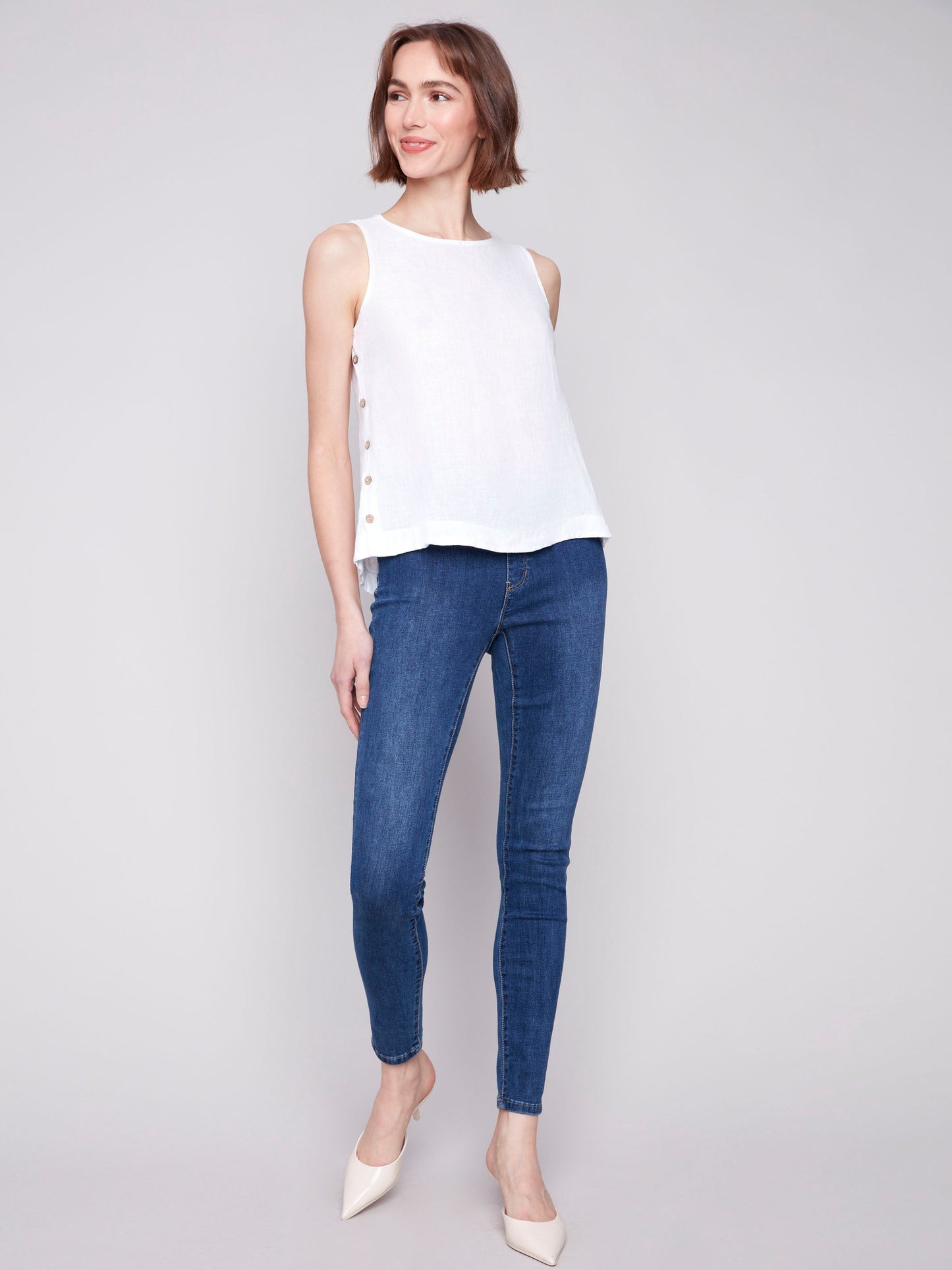 Sleeveless Linen Top with Side Buttons - White