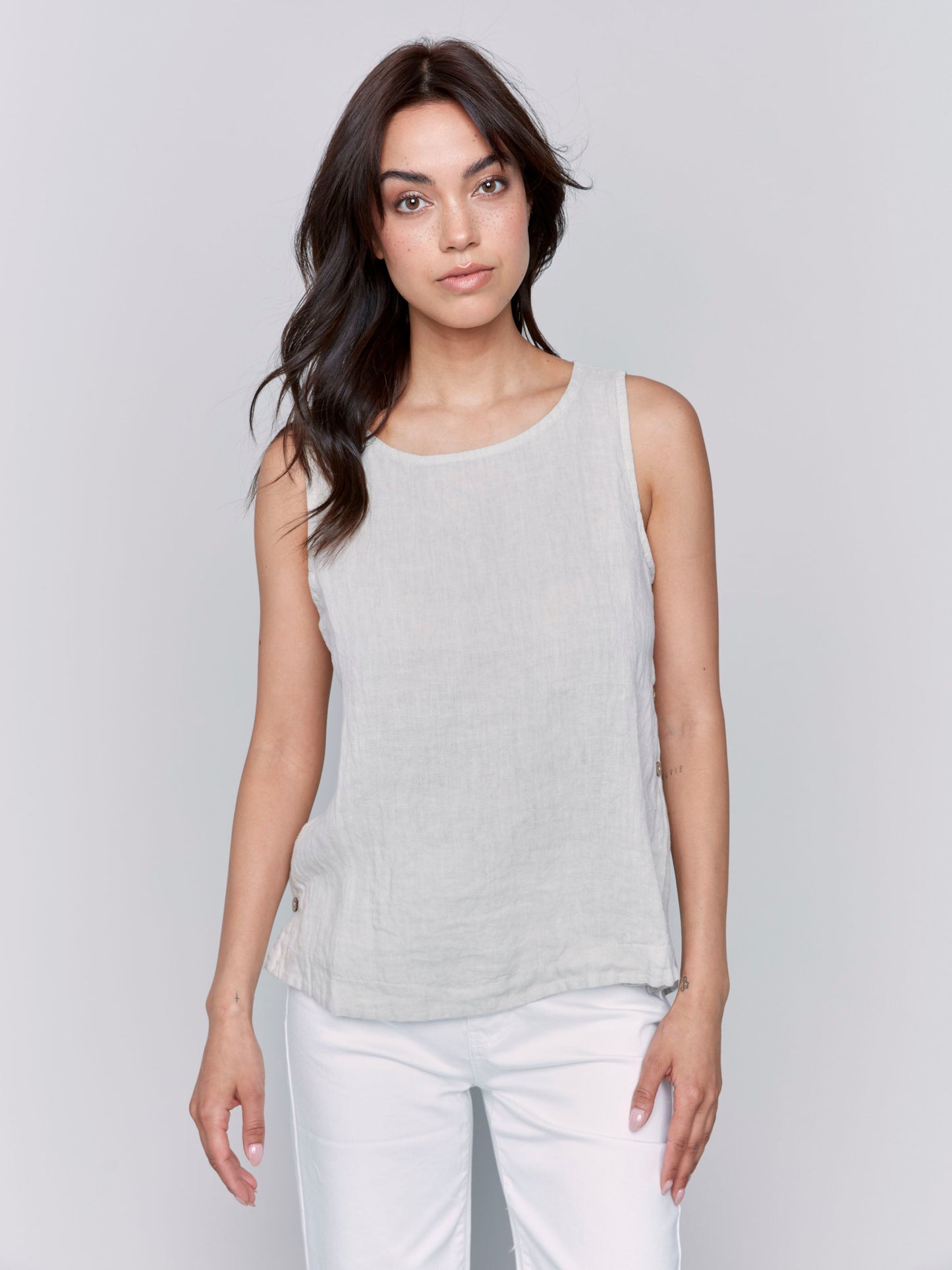 Sleeveless Linen Top with Side Buttons - Natural