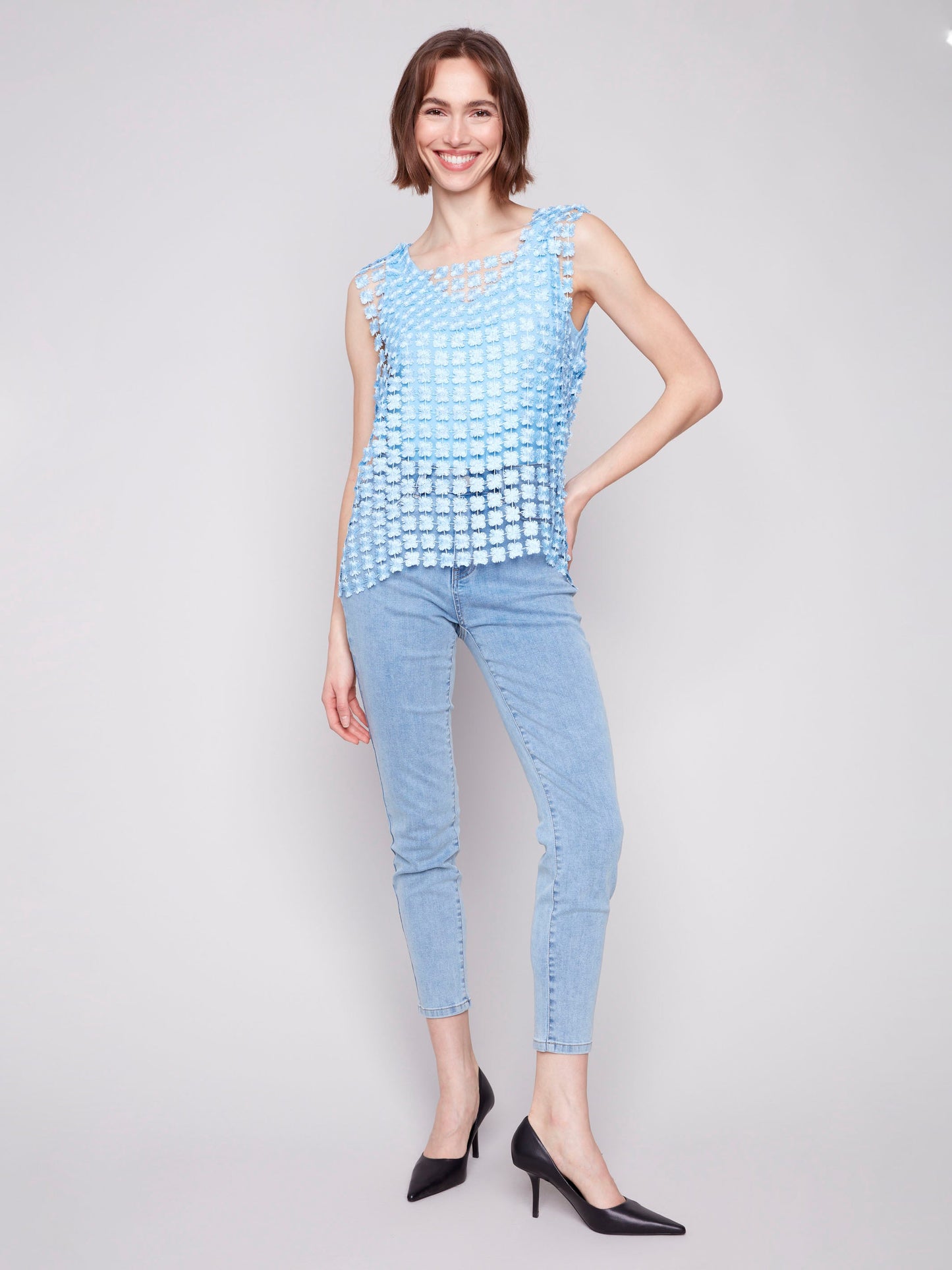 Sleeveless Textured Crochet Flower Top - Bluebell
