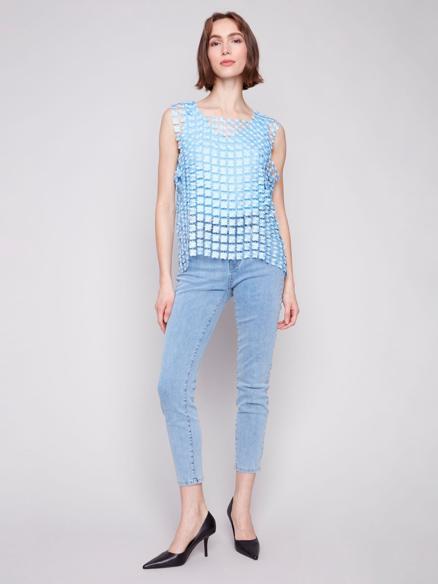 Sleeveless Textured Crochet Flower Top - Bluebell
