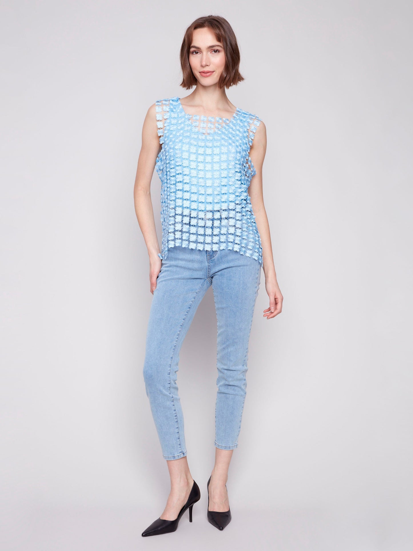 Sleeveless Textured Crochet Flower Top - Bluebell
