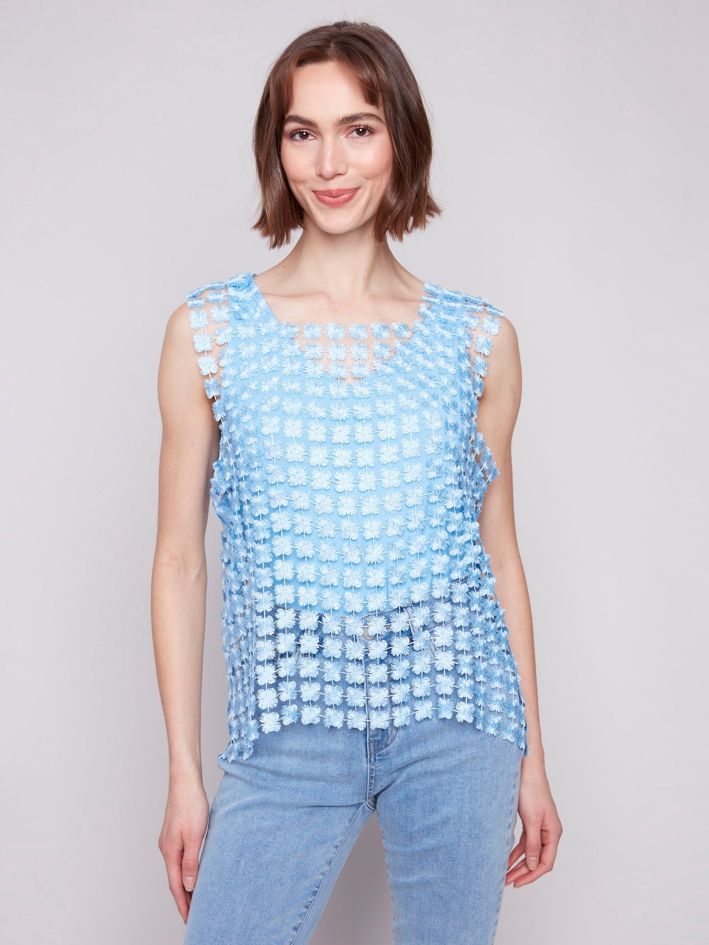 Sleeveless Textured Crochet Flower Top - Bluebell