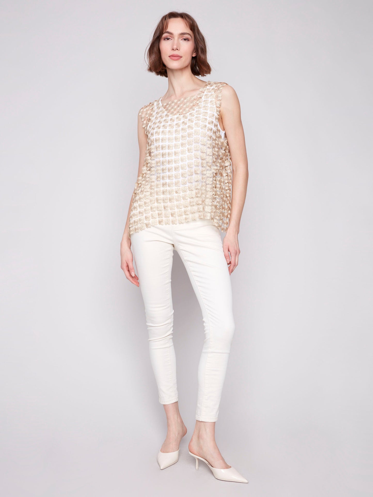Sleeveless Textured Crochet Flower Top - Gold