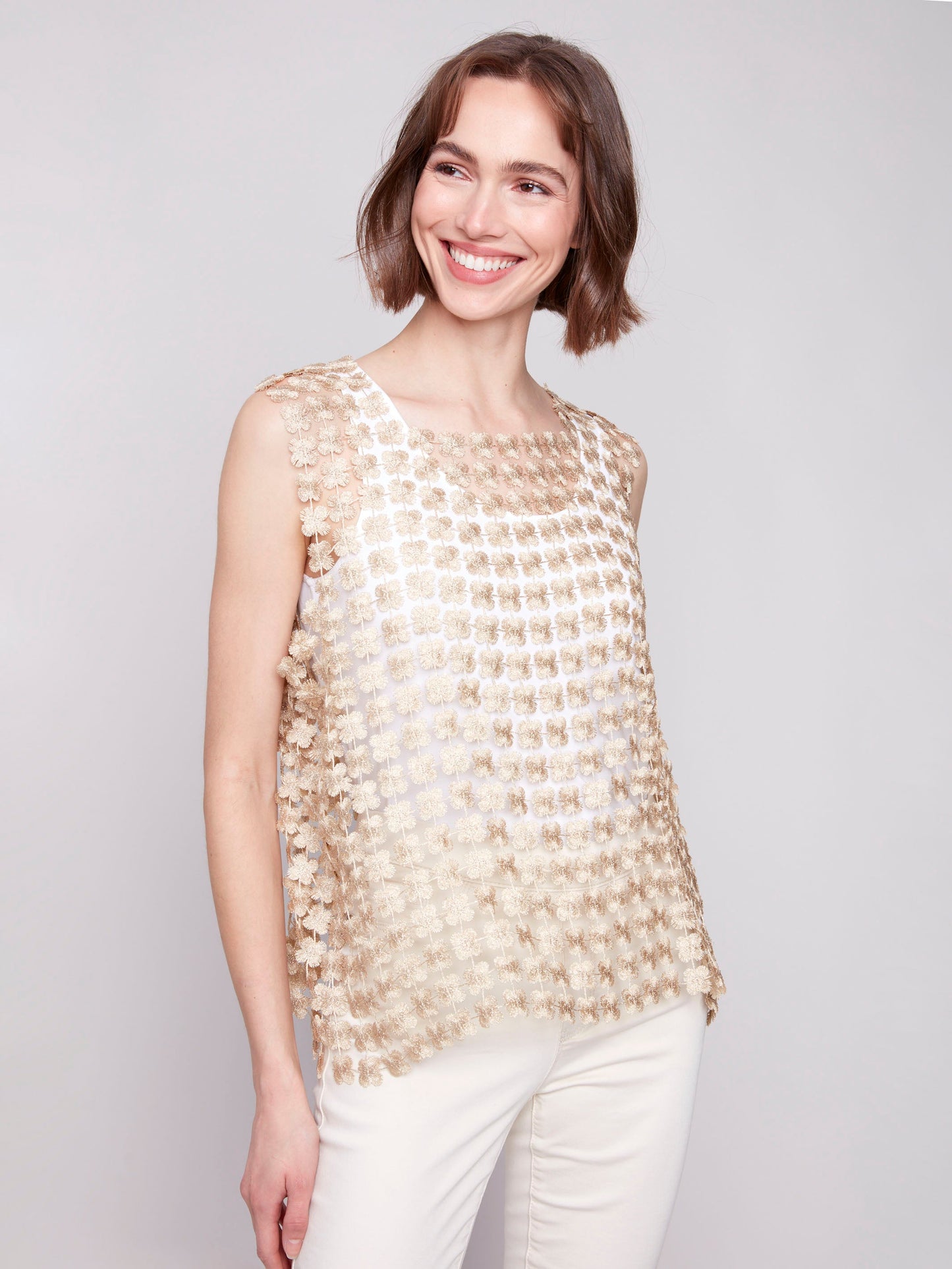 Sleeveless Textured Crochet Flower Top - Gold