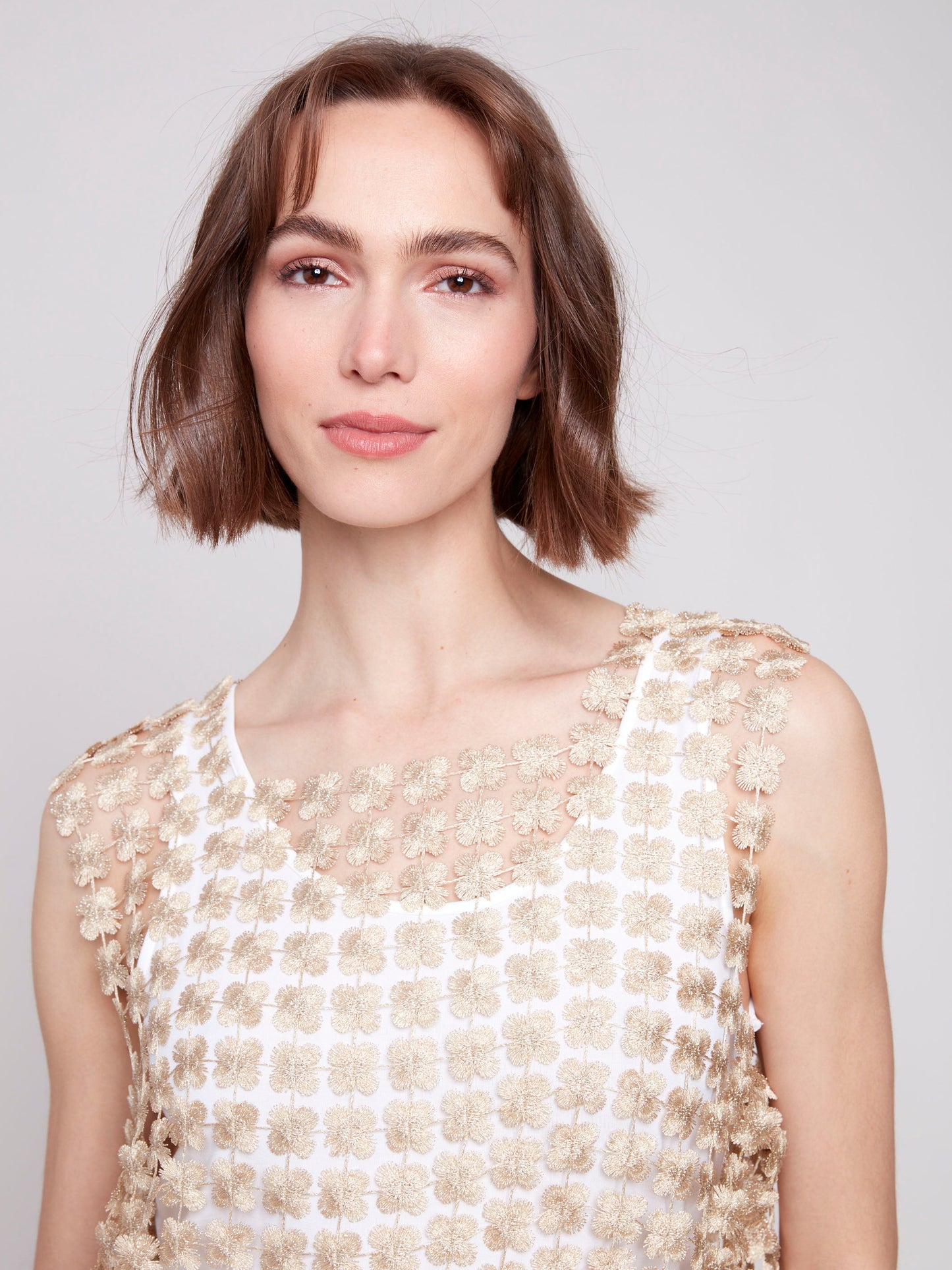 Sleeveless Textured Crochet Flower Top - Gold