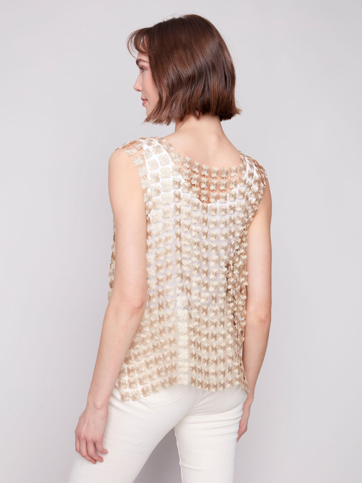Sleeveless Textured Crochet Flower Top - Gold