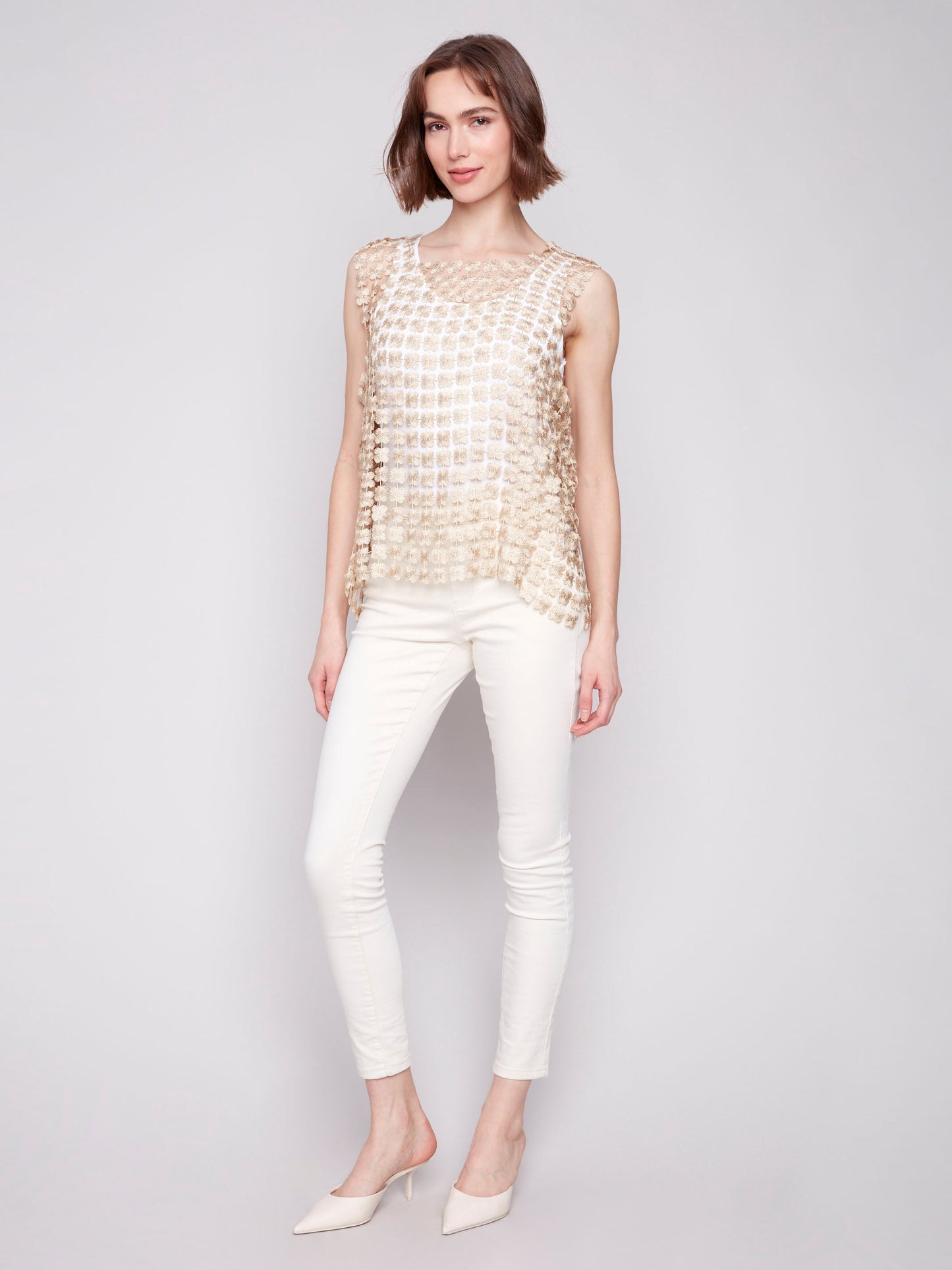 Sleeveless Textured Crochet Flower Top - Gold