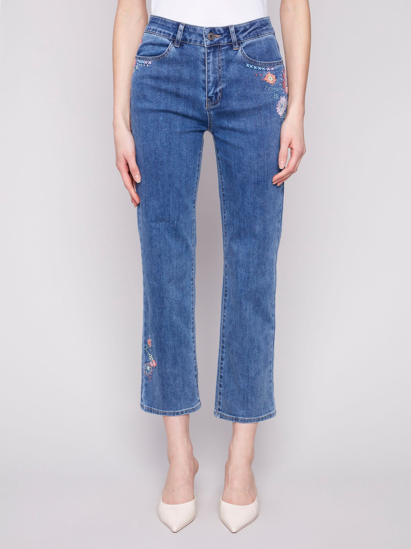 Straight Leg Embroidered Jeans - Medium Blue