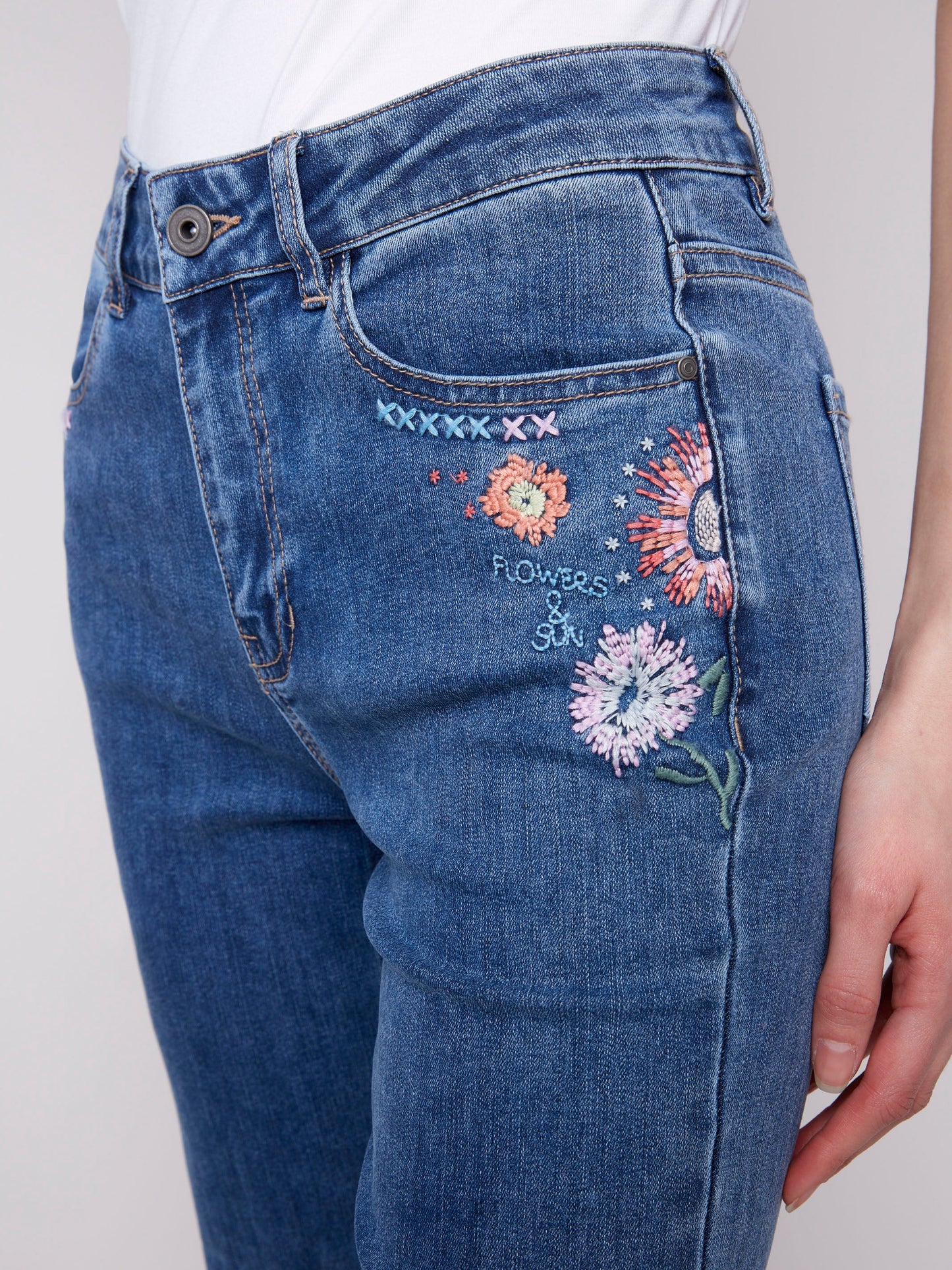 Straight Leg Embroidered Jeans - Medium Blue