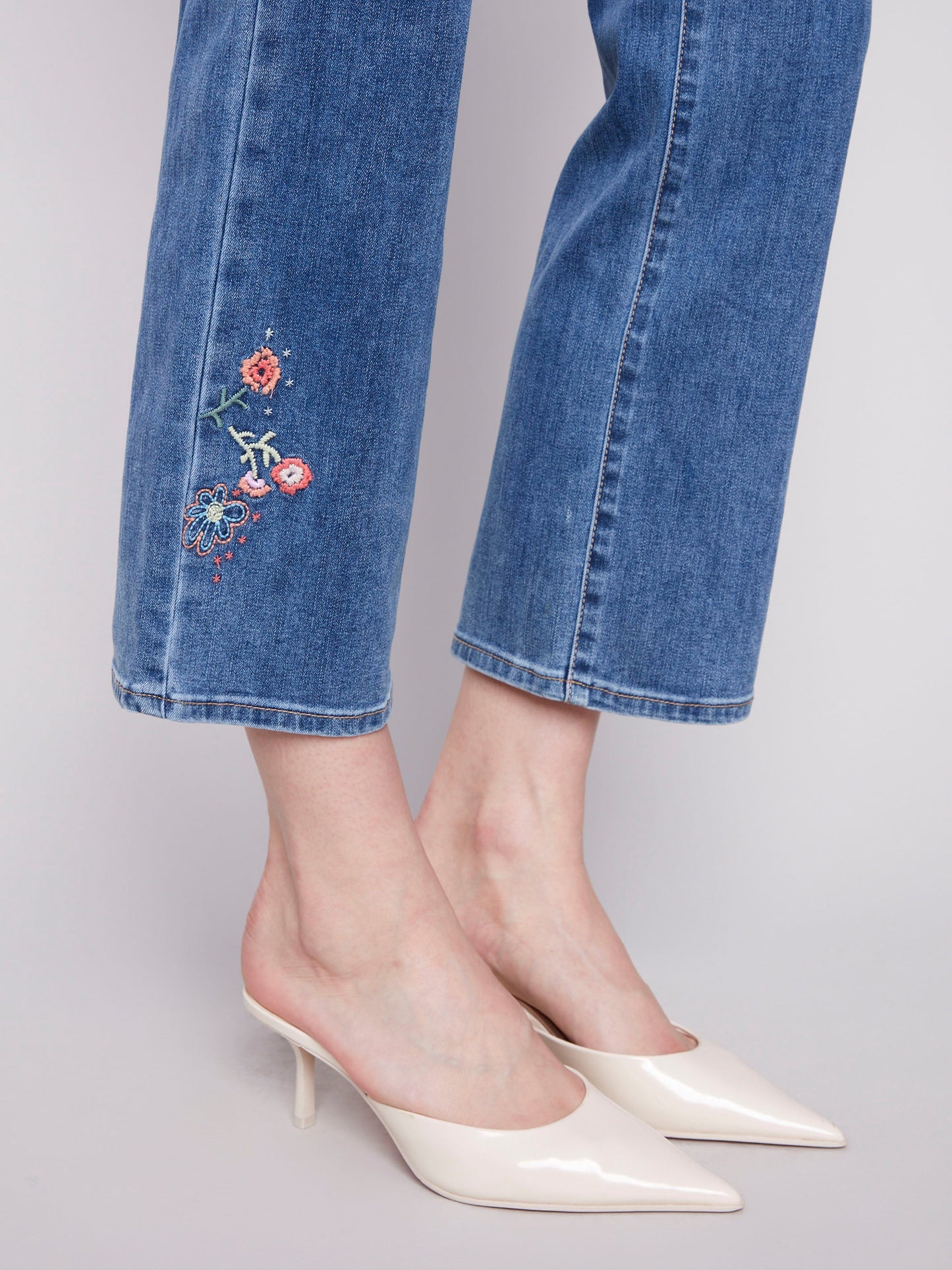 Straight Leg Embroidered Jeans - Medium Blue