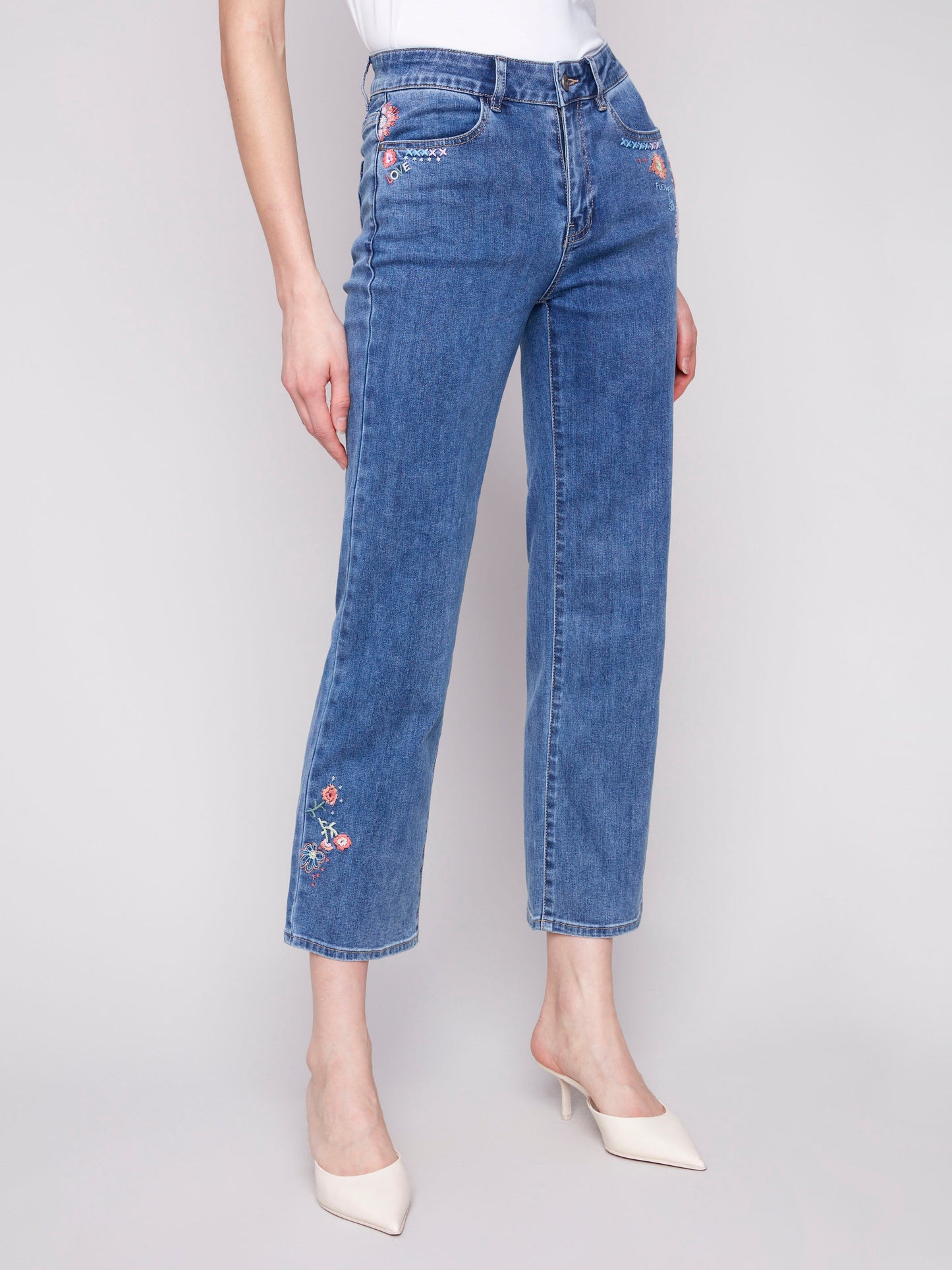 Straight Leg Embroidered Jeans - Medium Blue