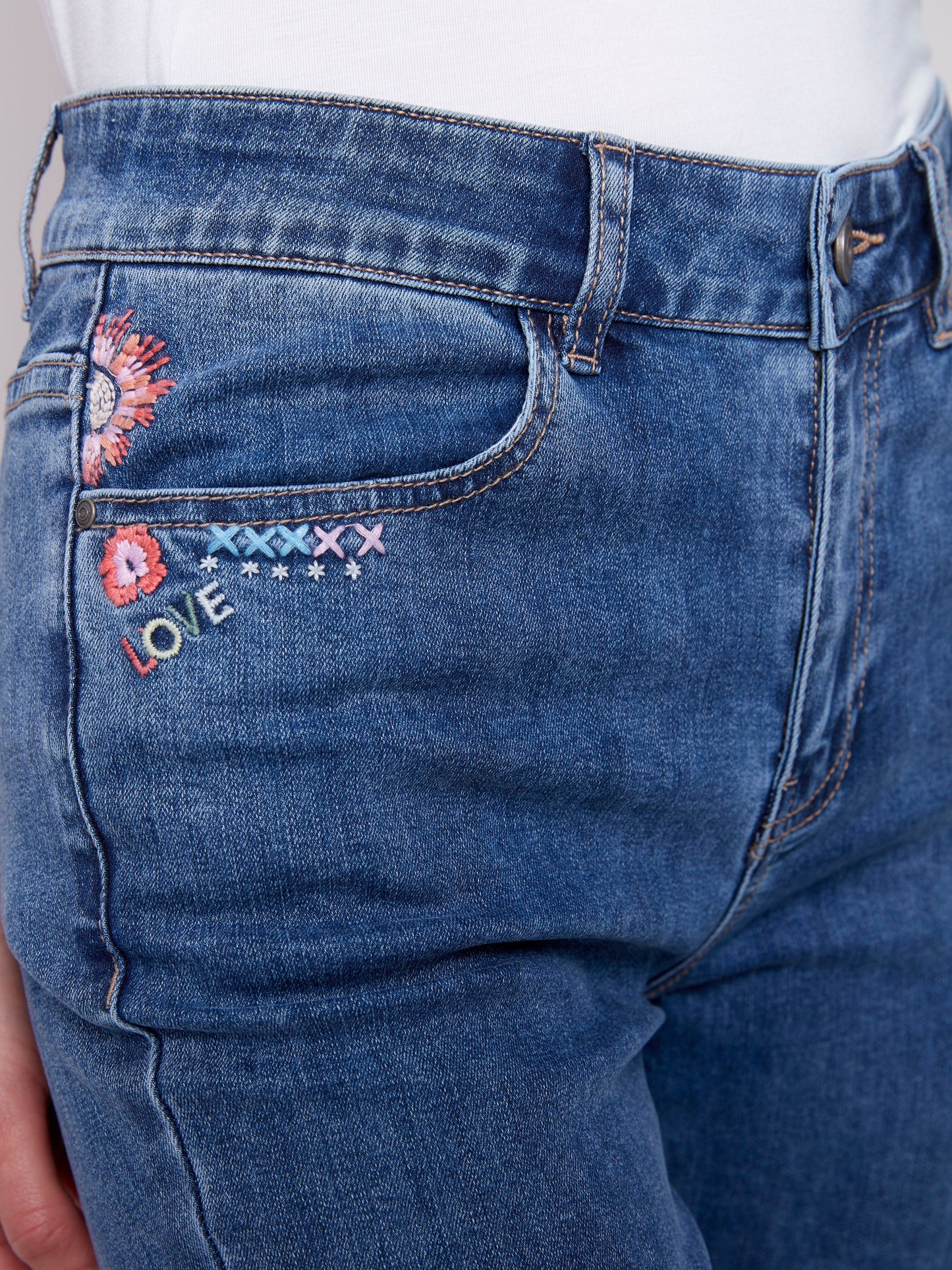 Straight Leg Embroidered Jeans - Medium Blue