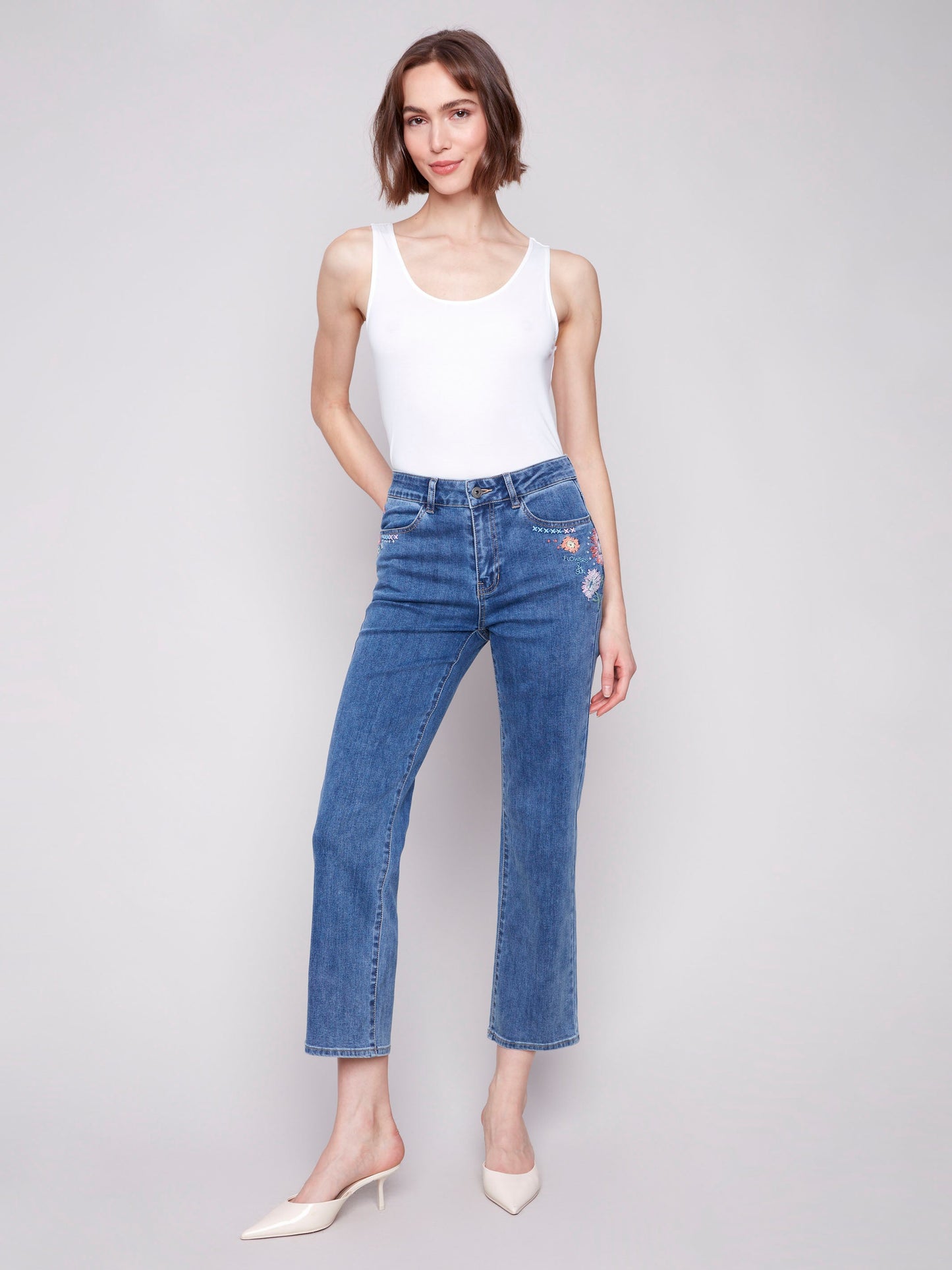 Straight Leg Embroidered Jeans - Medium Blue