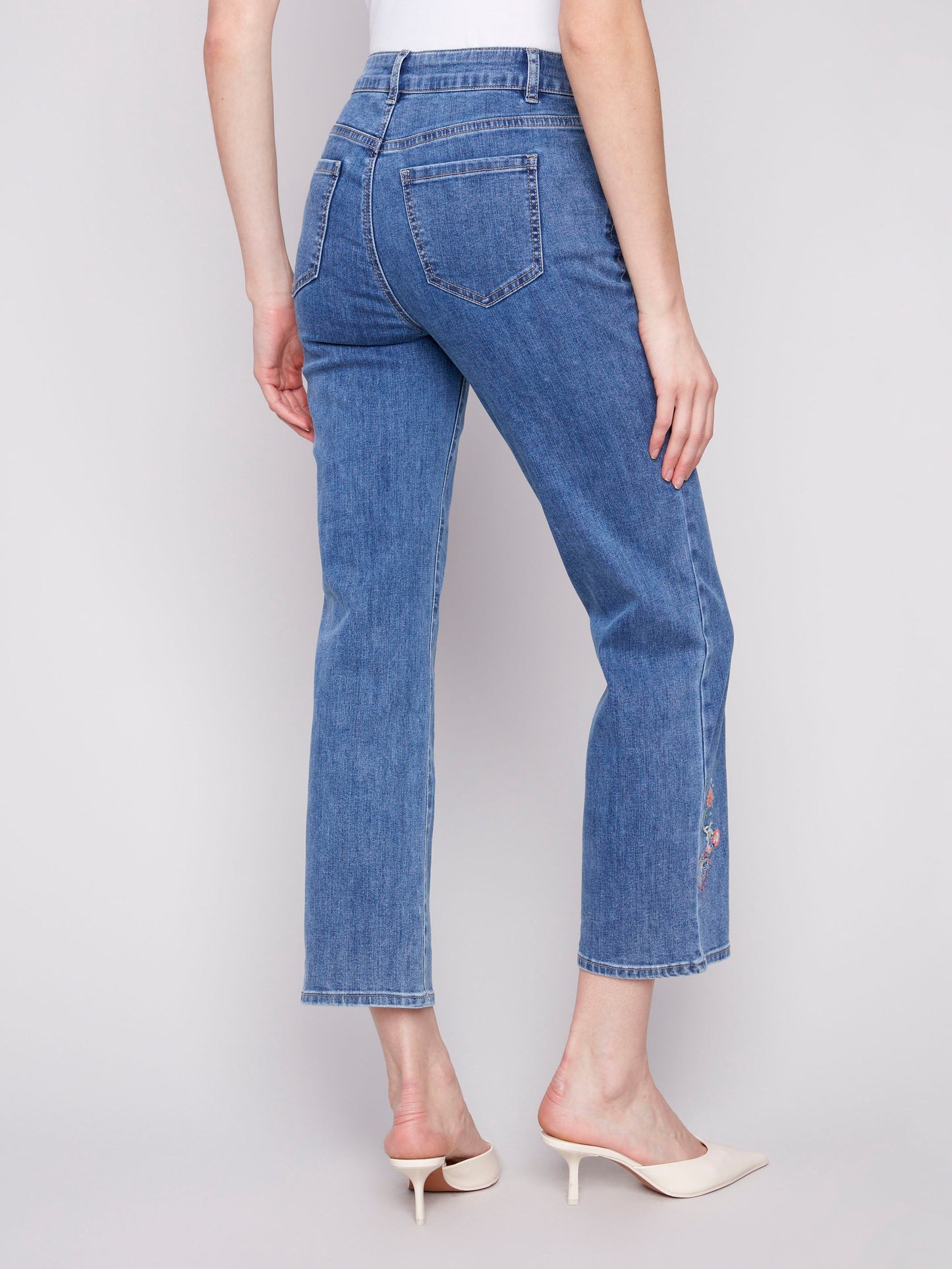 Straight Leg Embroidered Jeans - Medium Blue