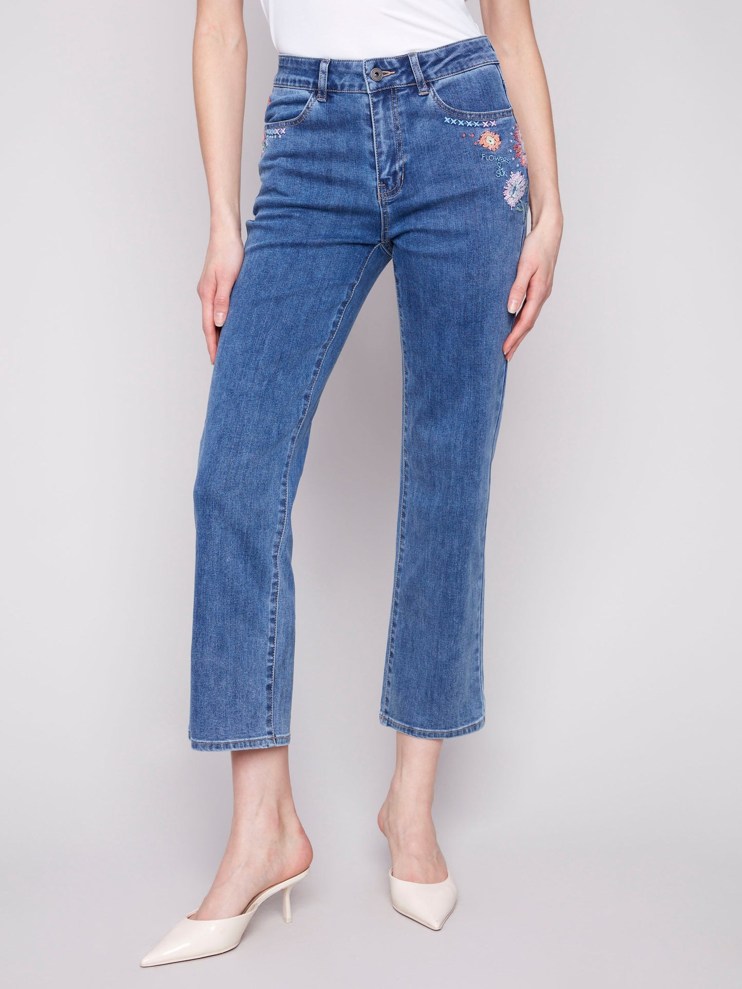 Straight Leg Embroidered Jeans - Medium Blue