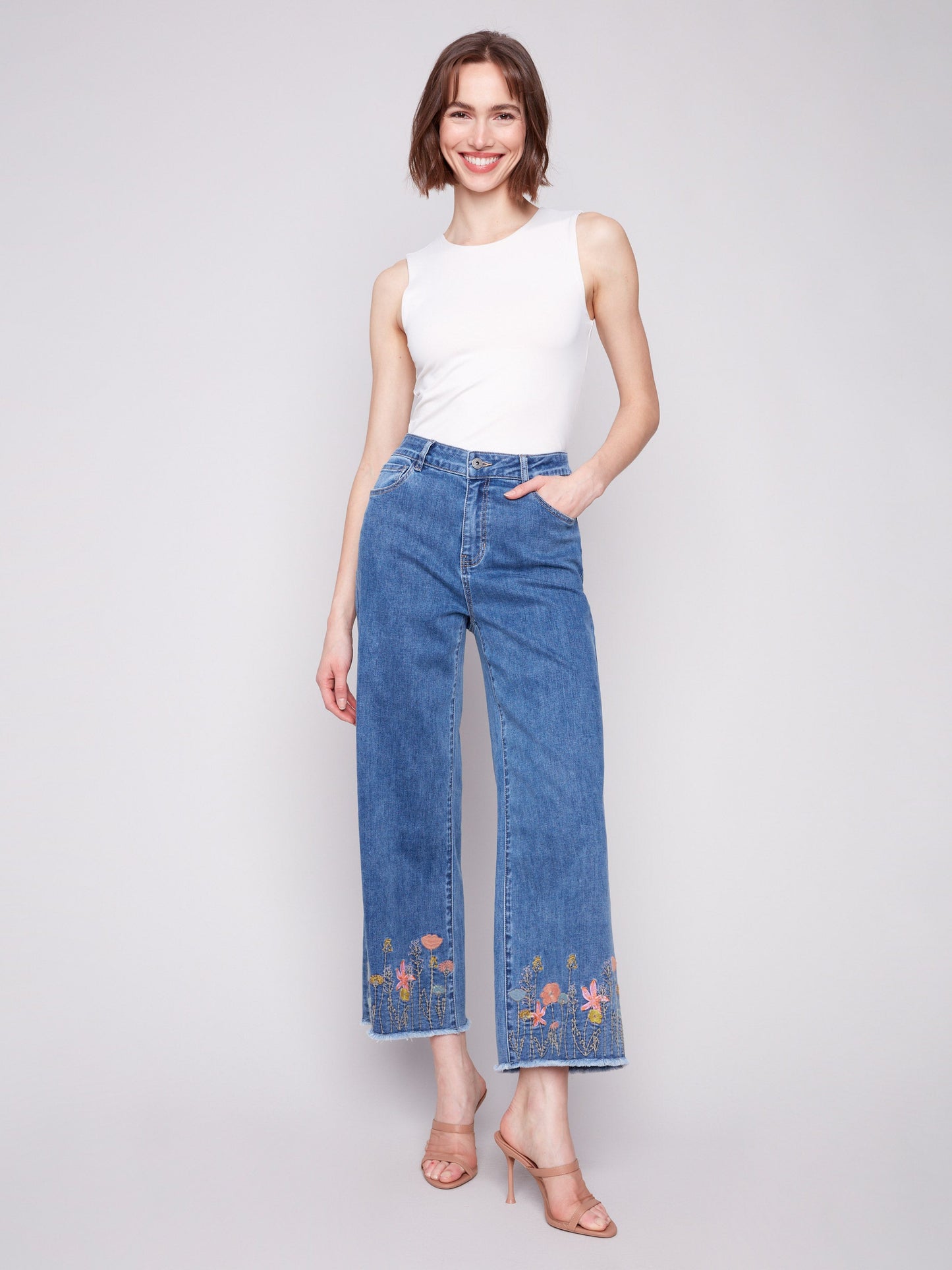 Wide Leg Jeans with Floral Embroidered Hem - Medium Blue