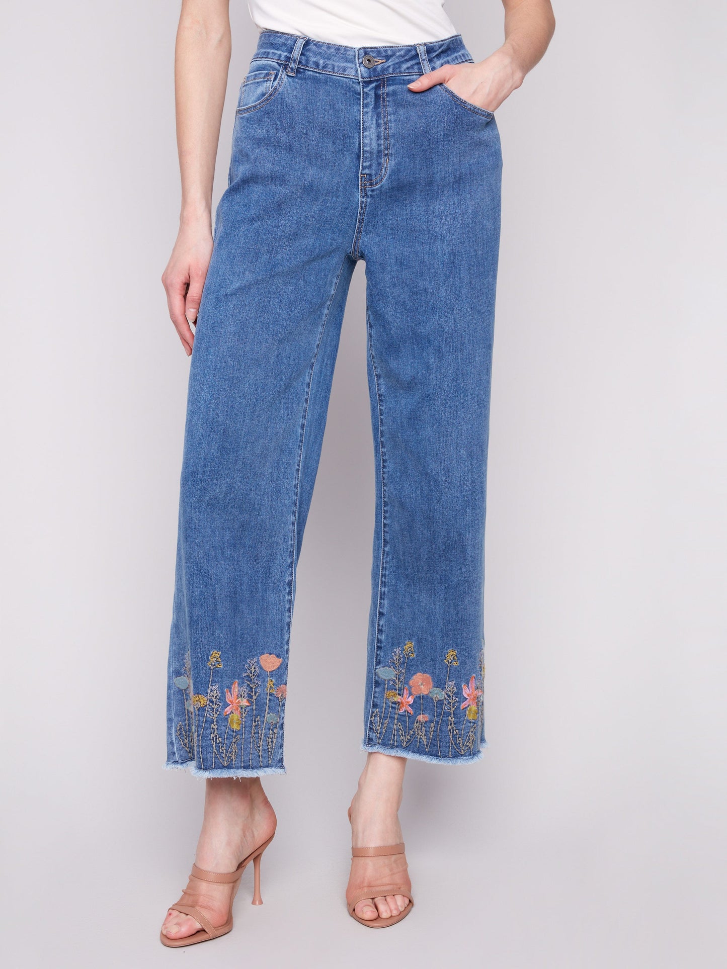 Wide Leg Jeans with Floral Embroidered Hem - Medium Blue