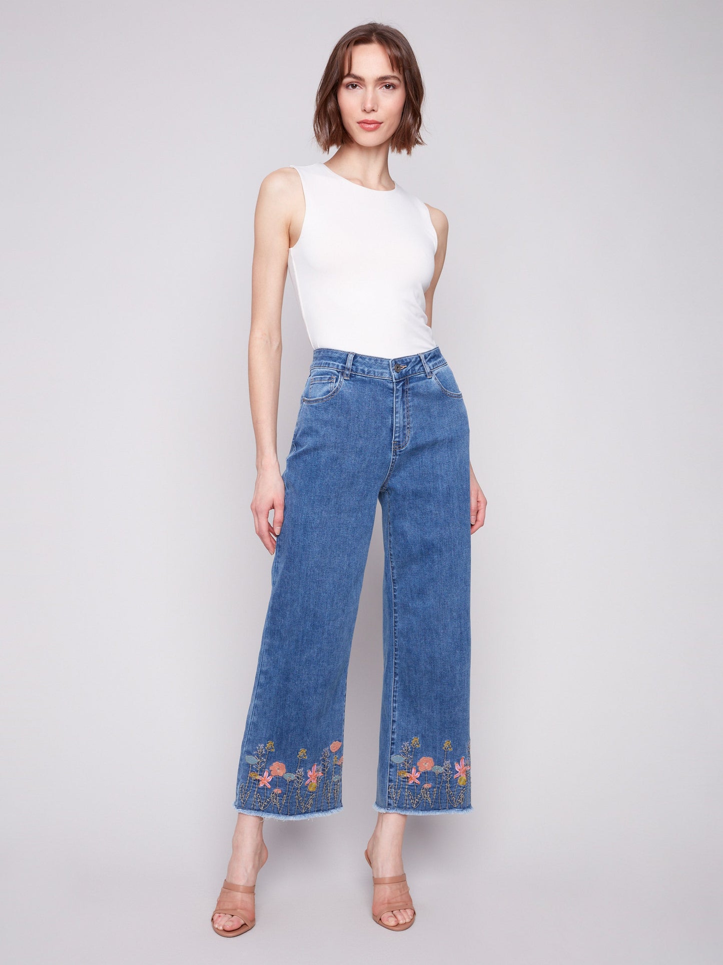Wide Leg Jeans with Floral Embroidered Hem - Medium Blue