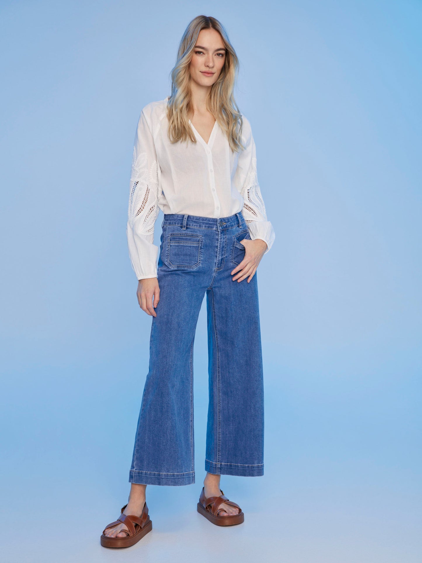 Cotton Button-Front Blouse with Embroidery - White