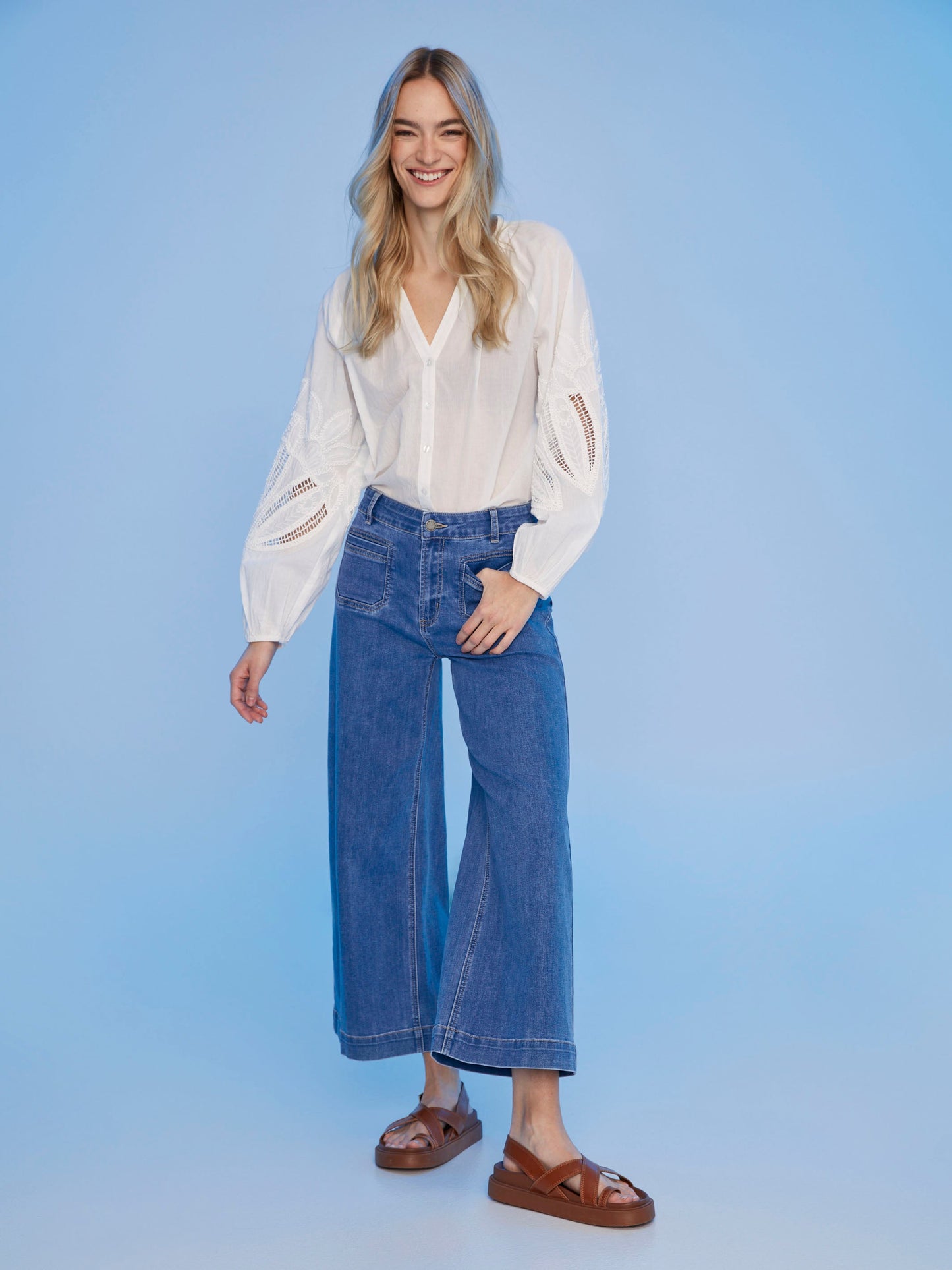 Cotton Button-Front Blouse with Embroidery - White