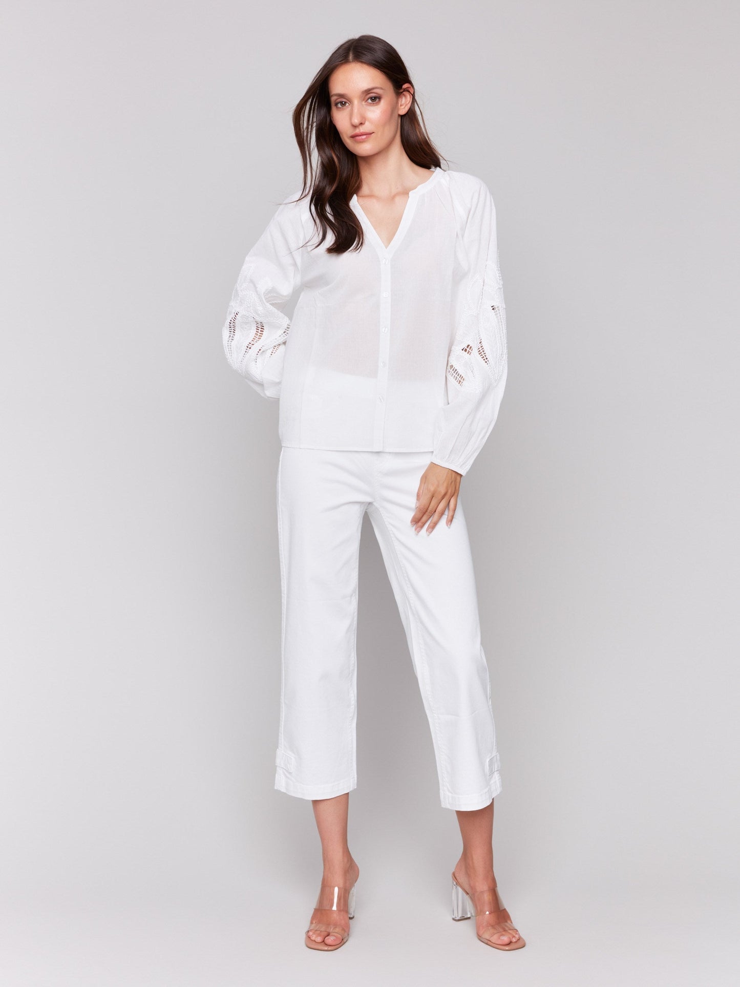 Cotton Button-Front Blouse with Embroidery - White