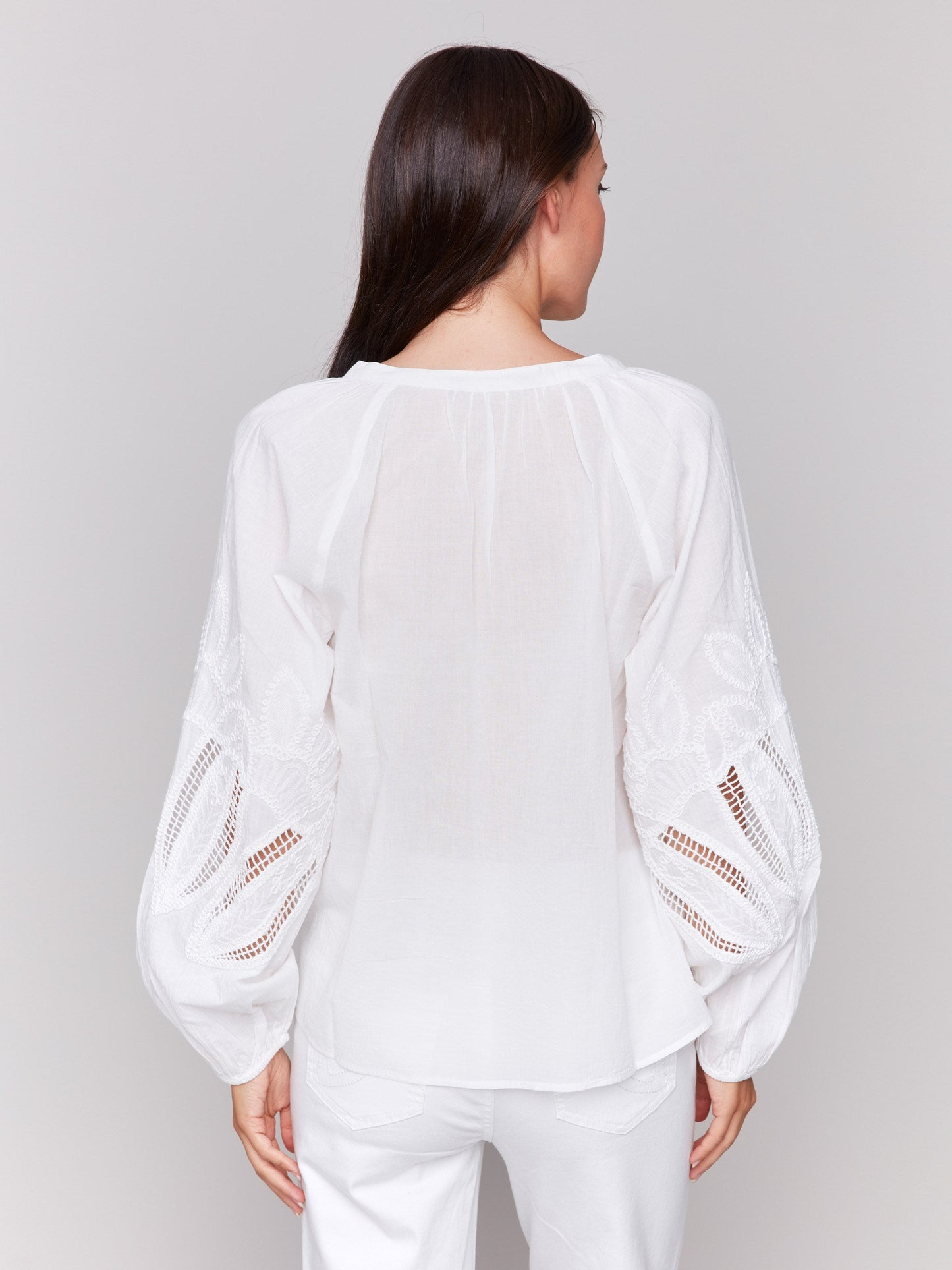 Cotton Button-Front Blouse with Embroidery - White