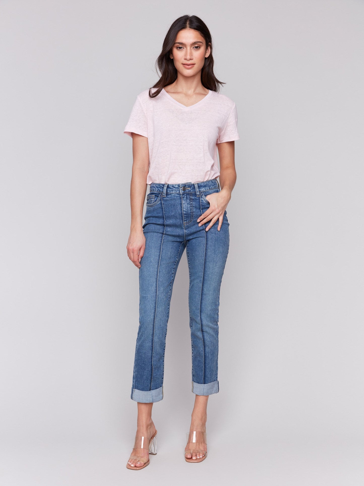 Cropped Pin Tuck Jeans - Medium Blue