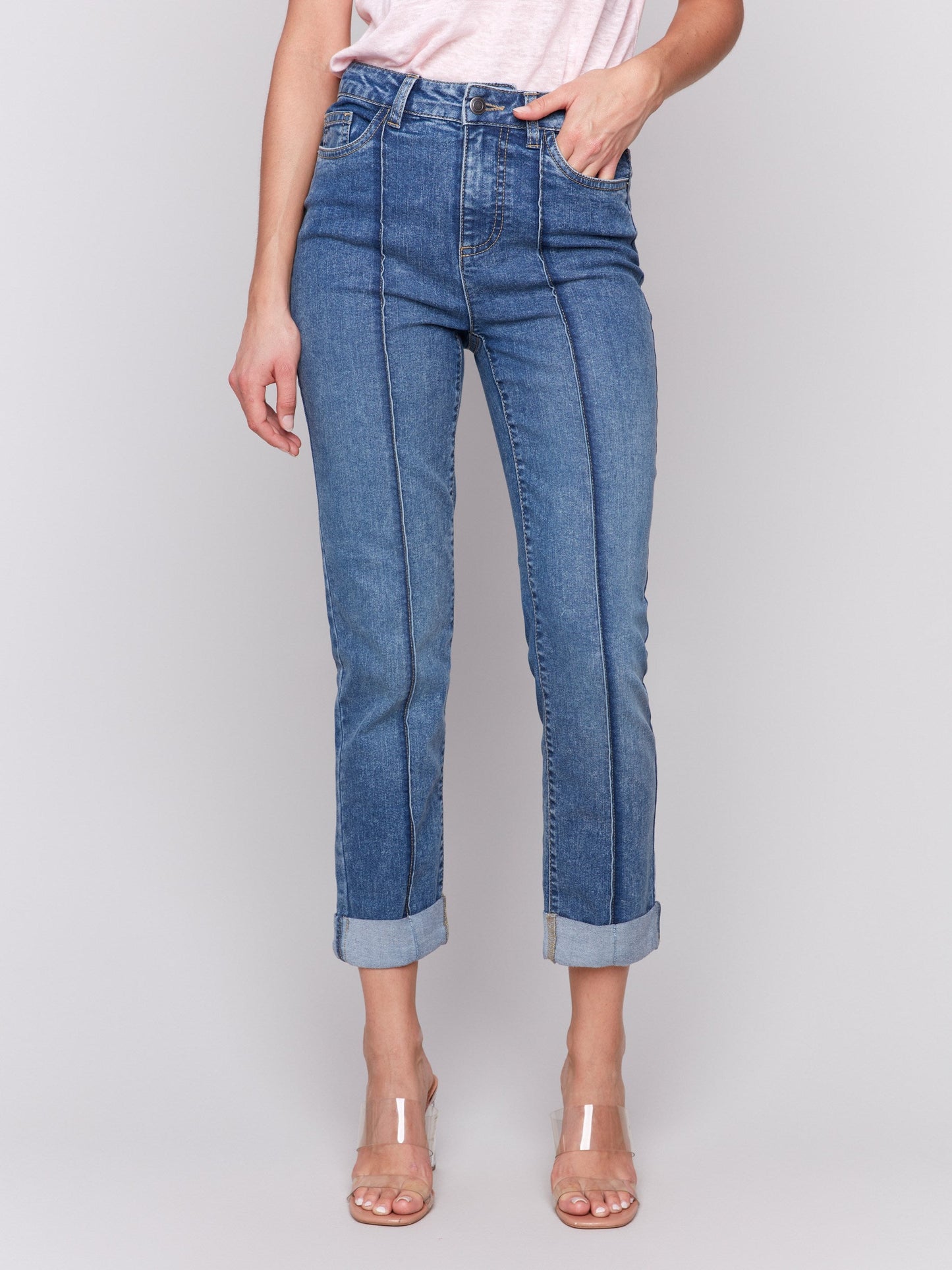 Cropped Pin Tuck Jeans - Medium Blue