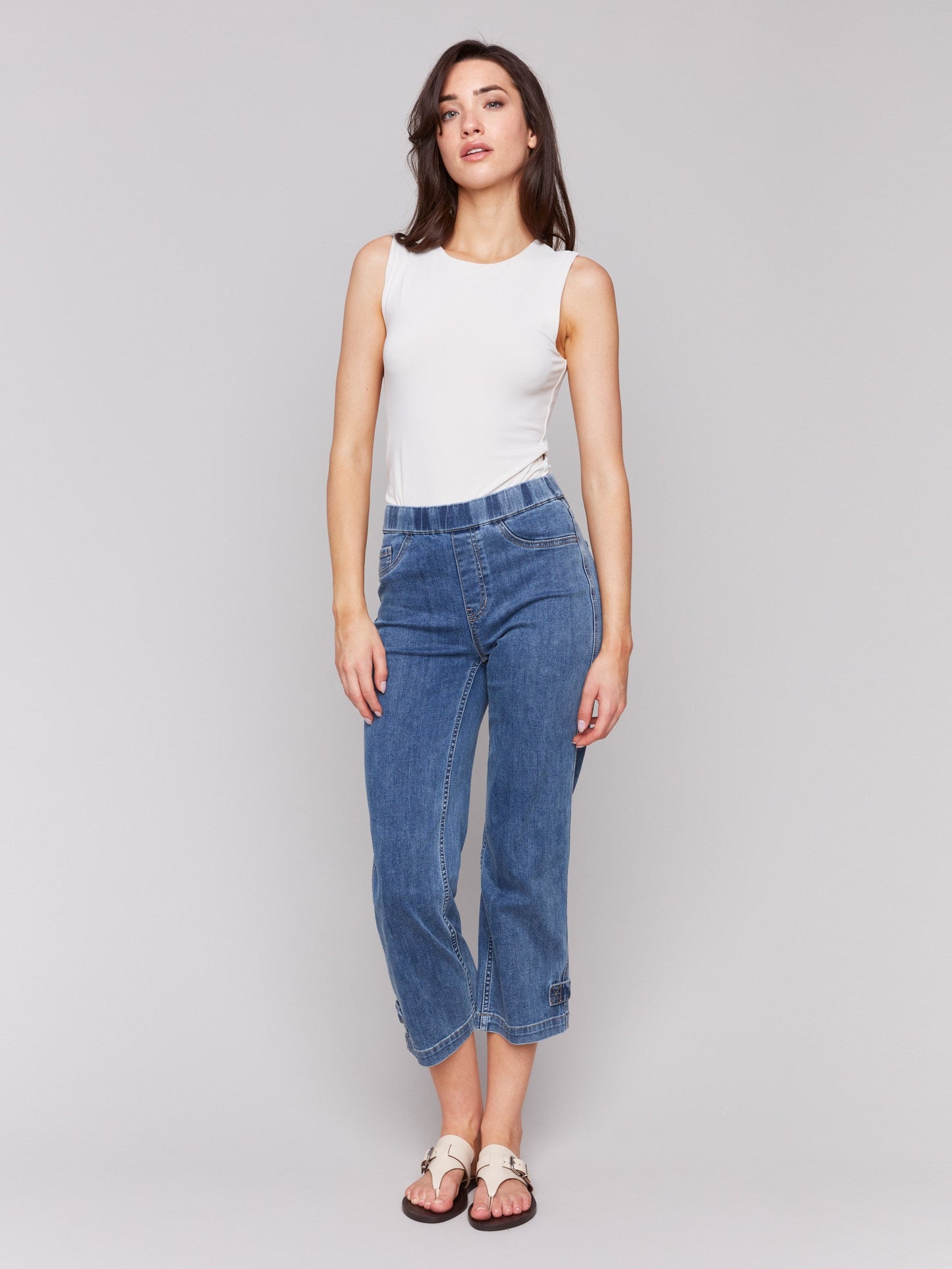Cropped Pull-On Jeans with Hem Tab - Medium Blue