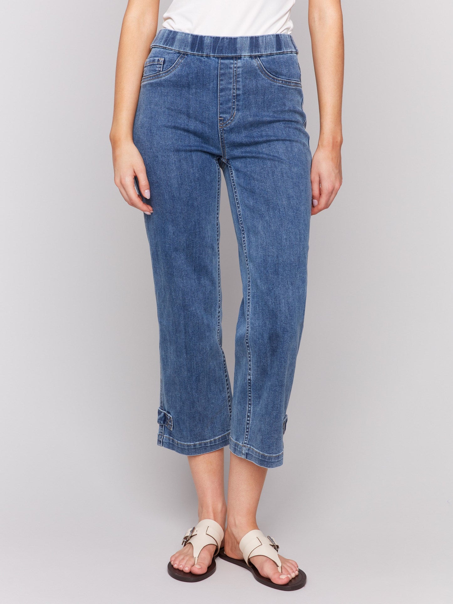 Cropped Pull-On Jeans with Hem Tab - Medium Blue