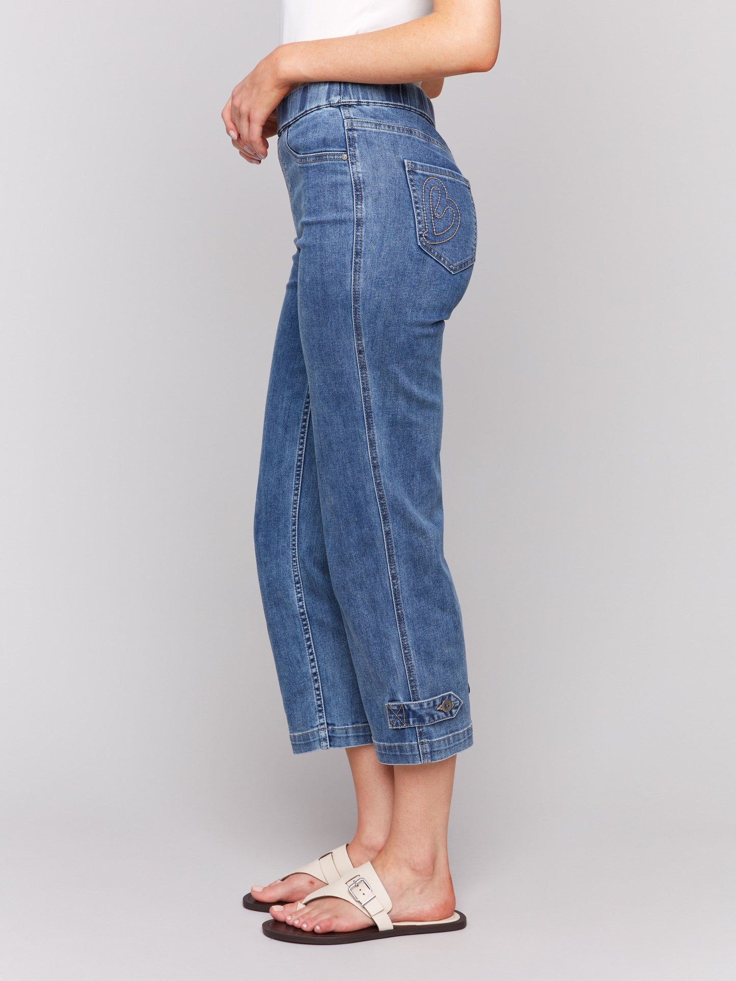 Cropped Pull-On Jeans with Hem Tab - Medium Blue