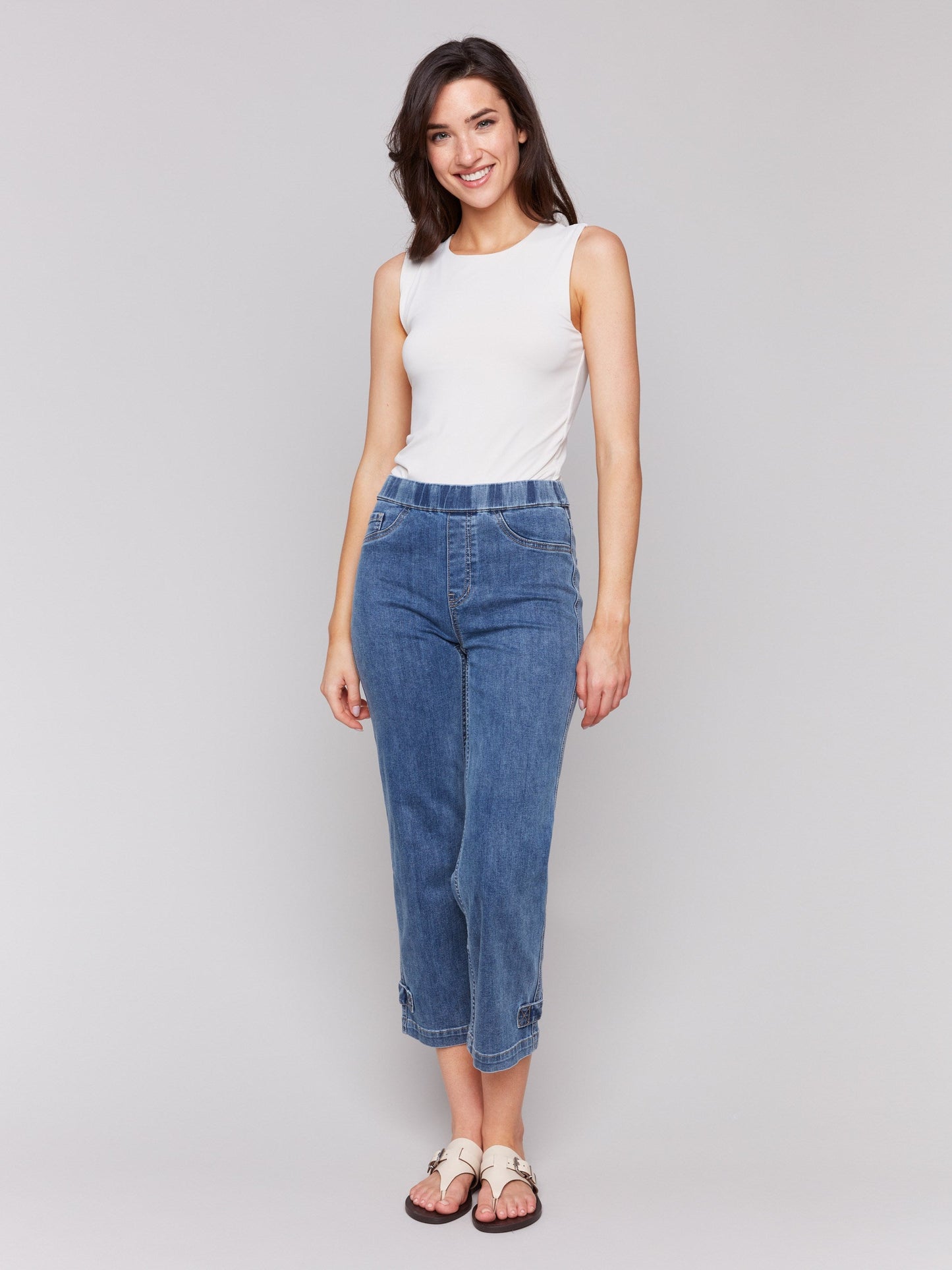 Cropped Pull-On Jeans with Hem Tab - Medium Blue