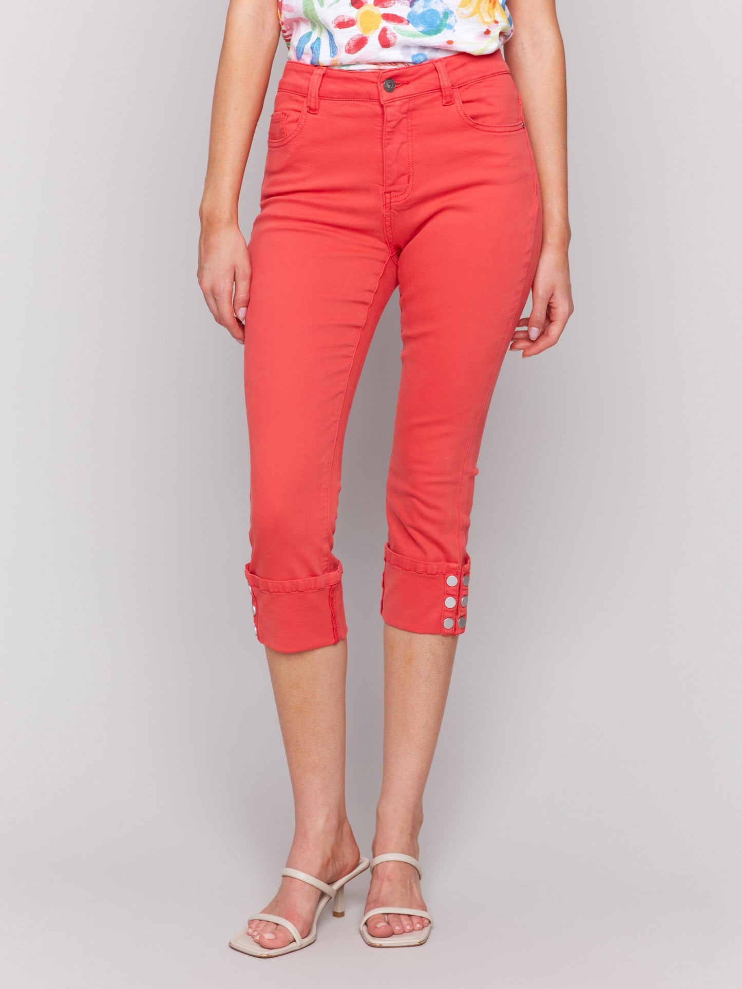Cropped Twill Jeans with Snap Button Cuff Detail - Fiesta