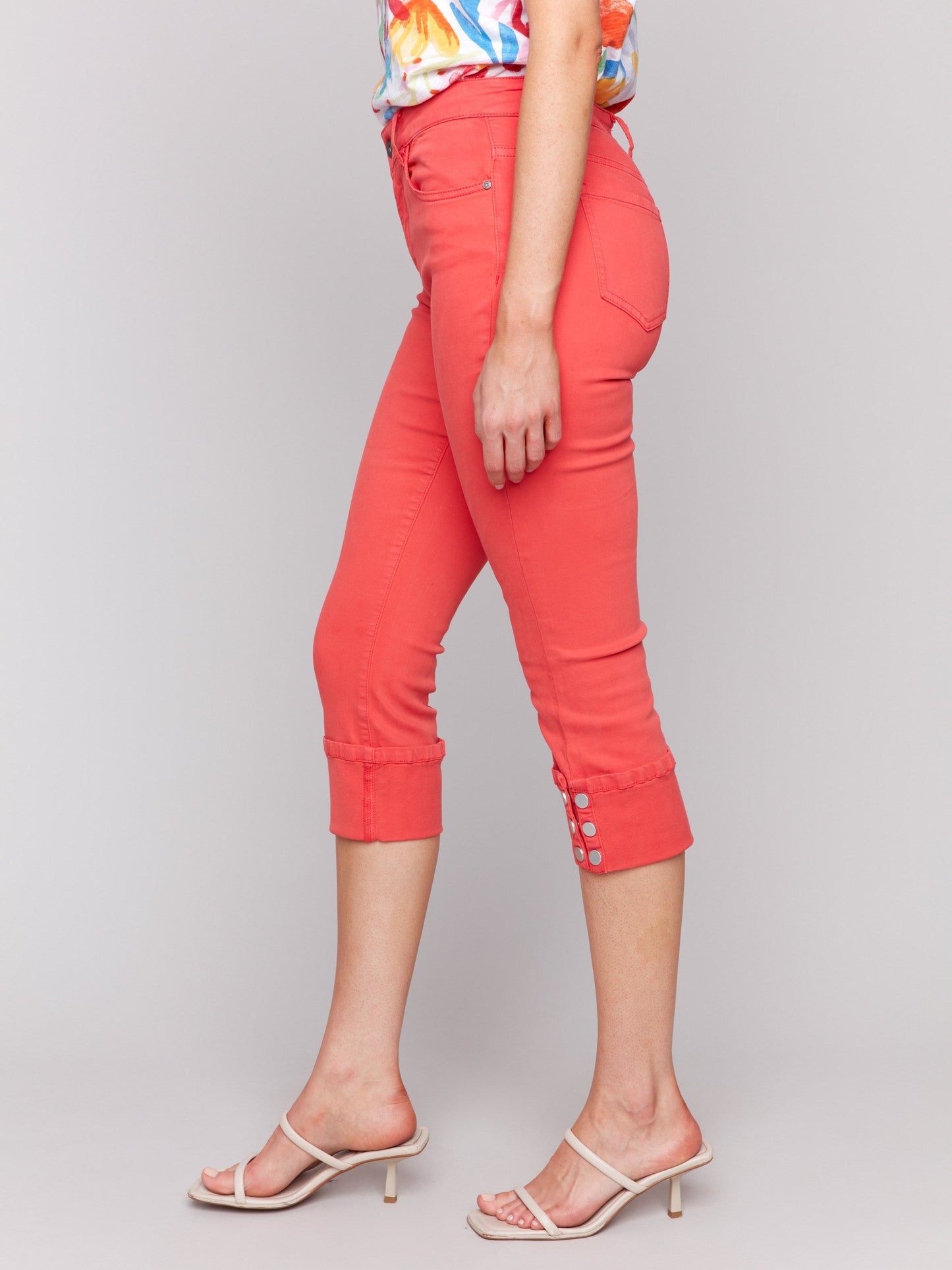 Cropped Twill Jeans with Snap Button Cuff Detail - Fiesta