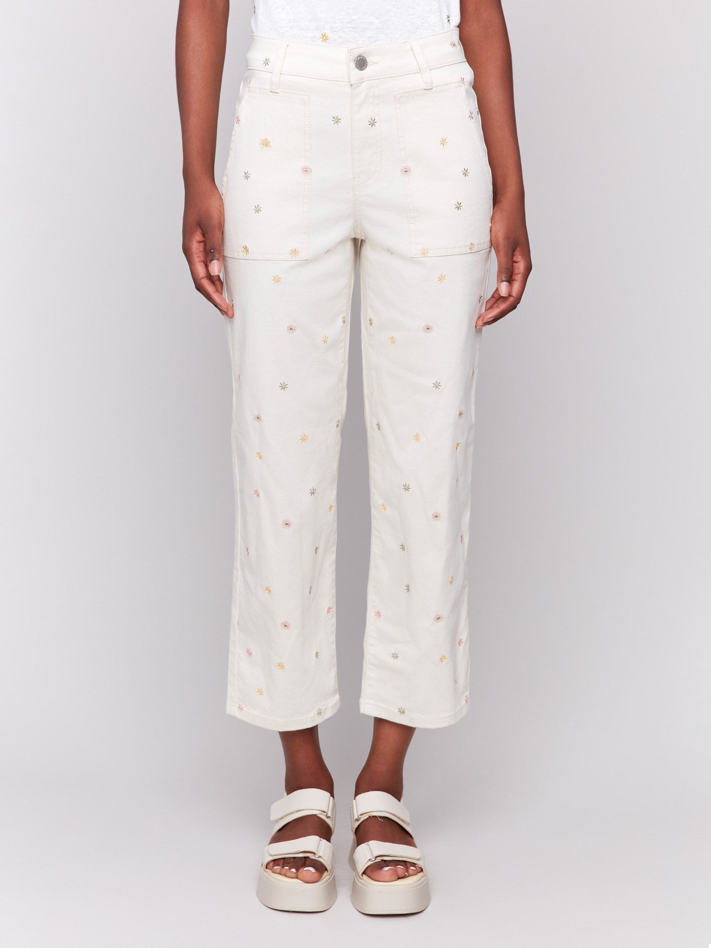 Embroidered Cropped Utility Twill Pants - Natural