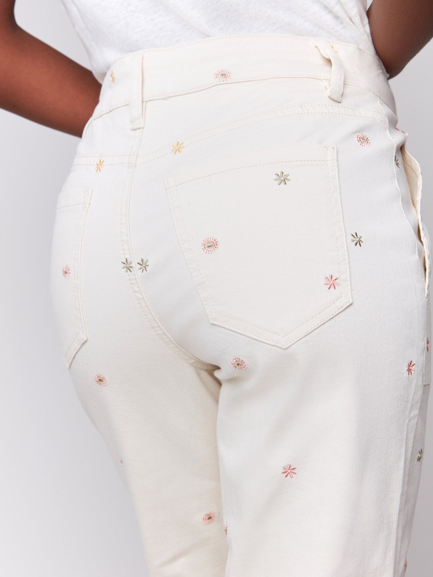 Embroidered Cropped Utility Twill Pants - Natural
