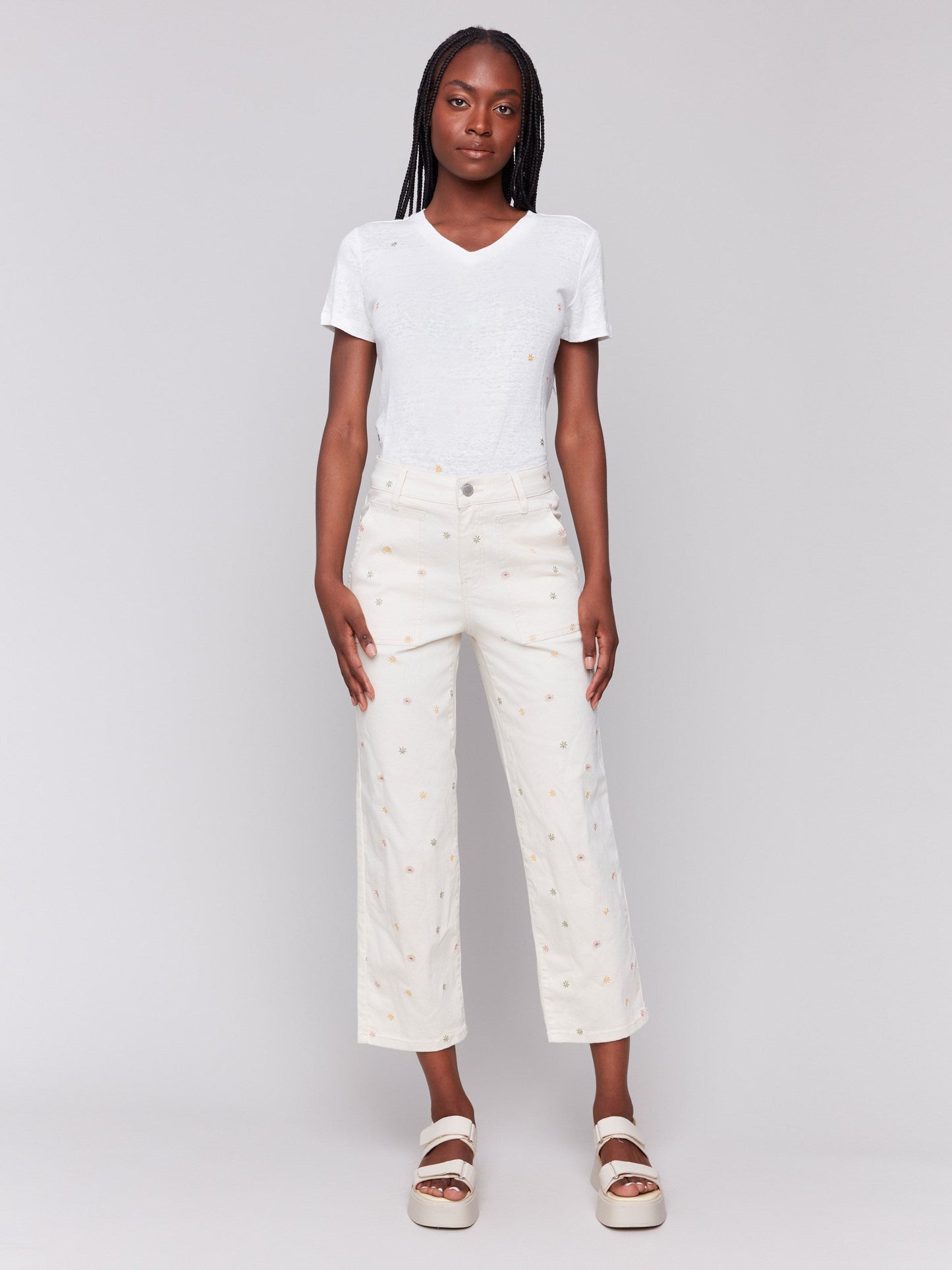 Embroidered Cropped Utility Twill Pants - Natural