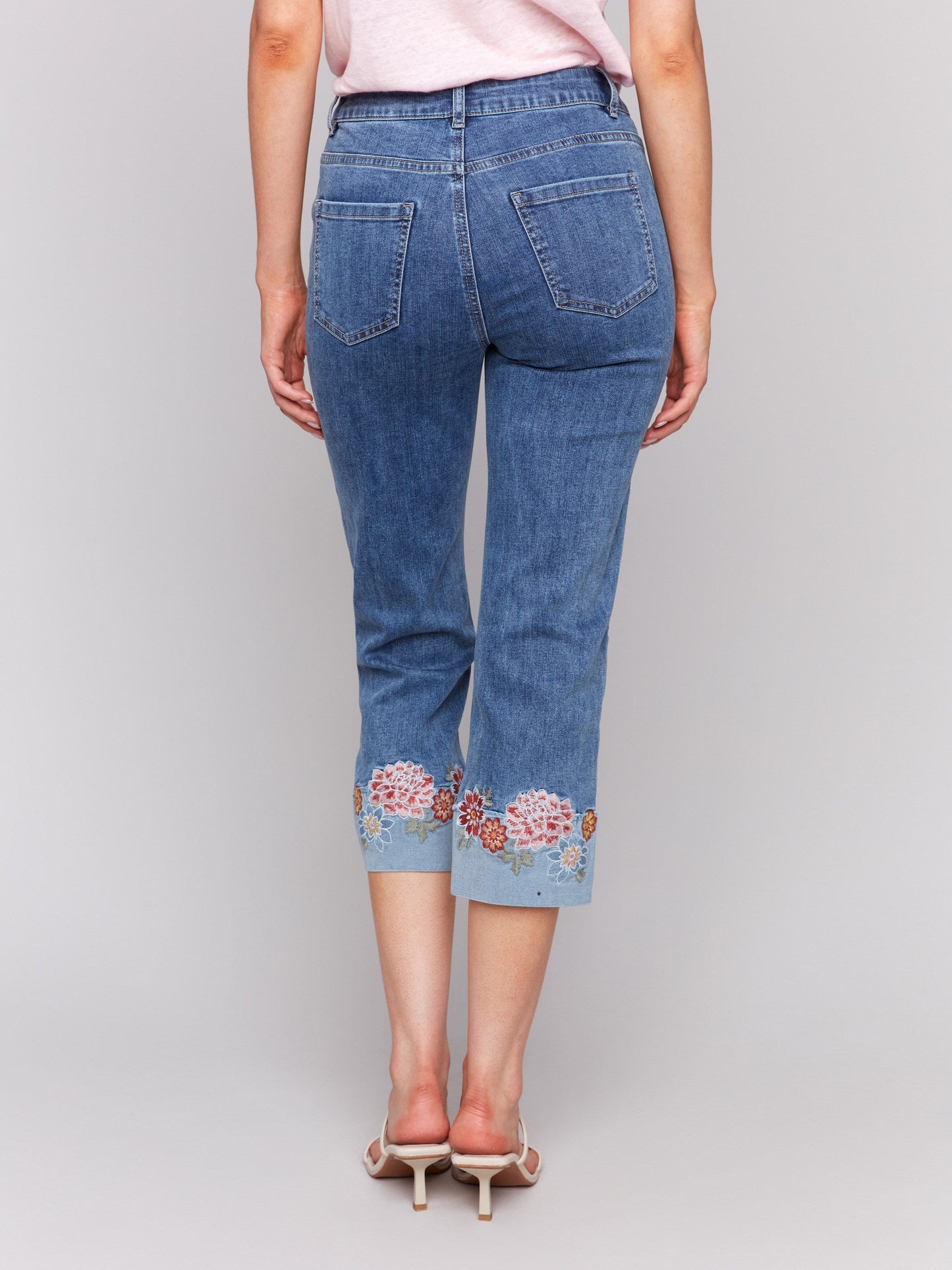 Embroidered Cuff Cropped Jeans - Medium Blue