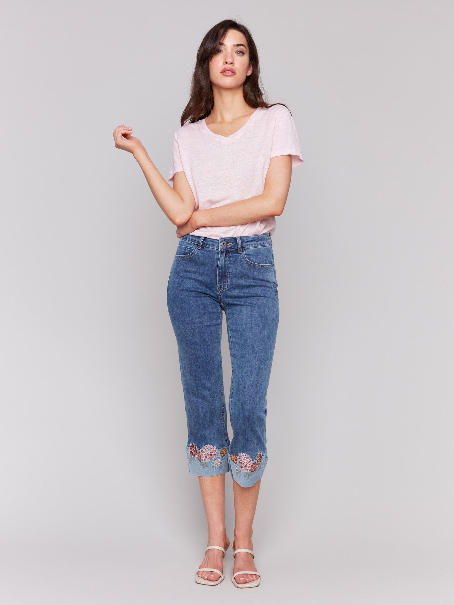 Embroidered Cuff Cropped Jeans - Medium Blue