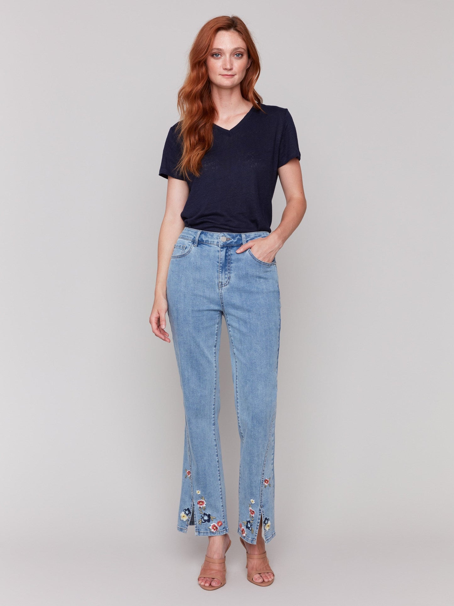 Floral Embroidered Bootcut Jeans - Light Blue