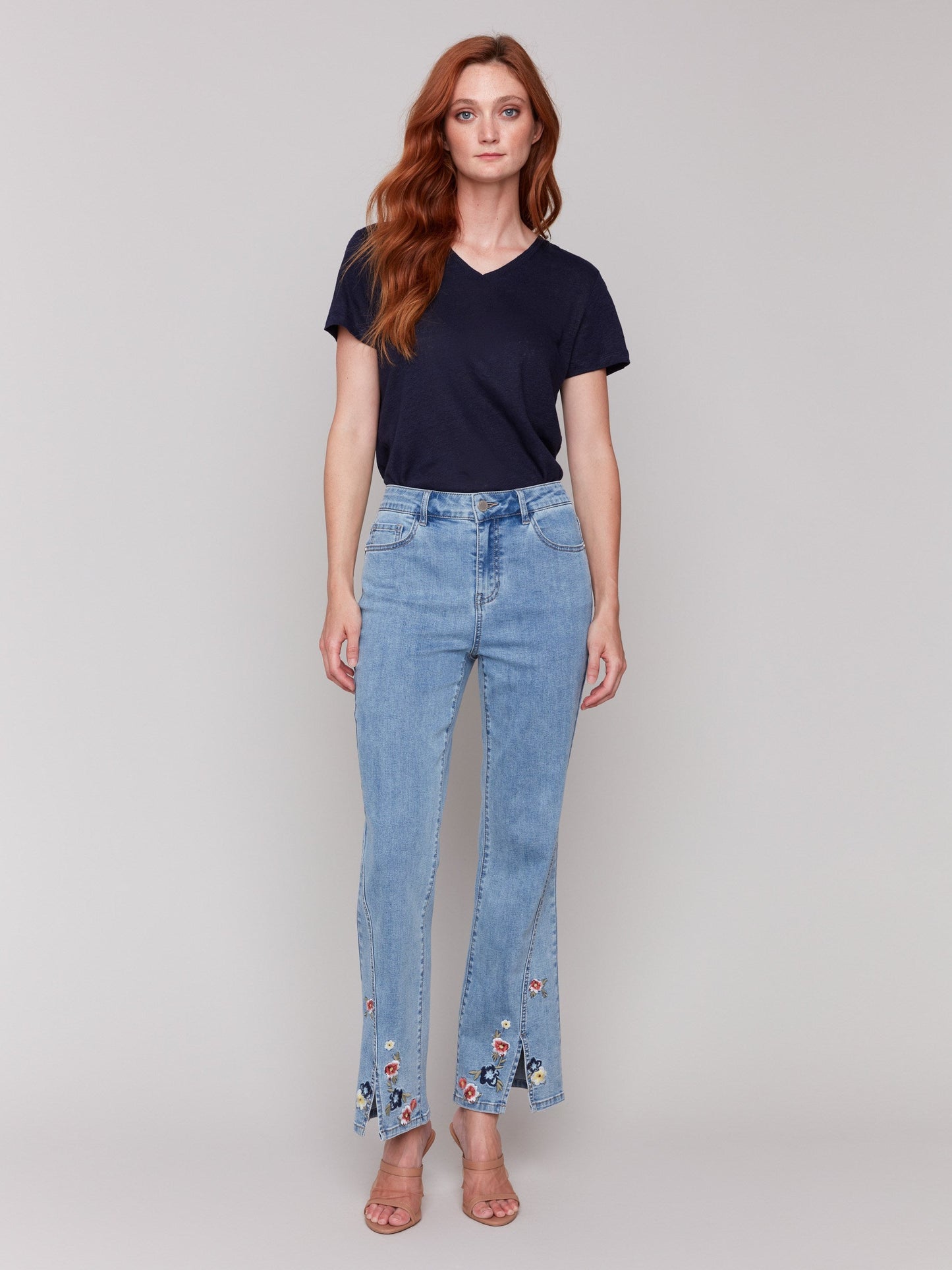 Floral Embroidered Bootcut Jeans - Light Blue