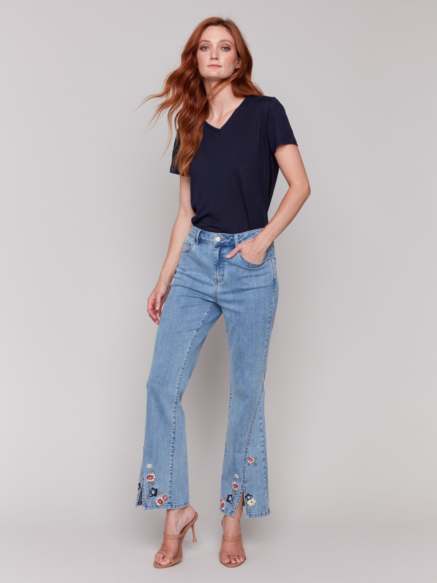 Floral Embroidered Bootcut Jeans - Light Blue