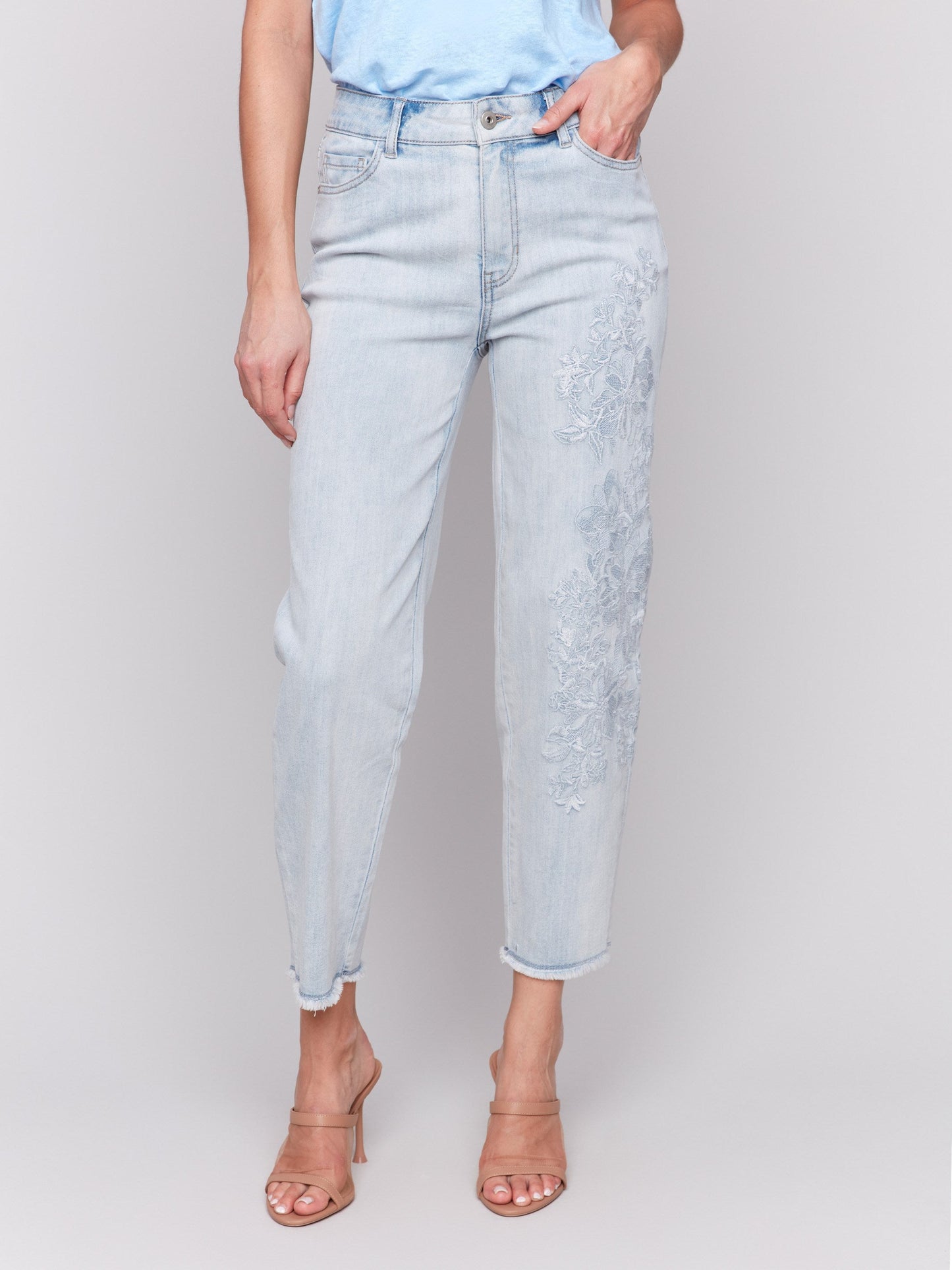Flower Embroidered Slim Fit Jeans - Bleach Blue