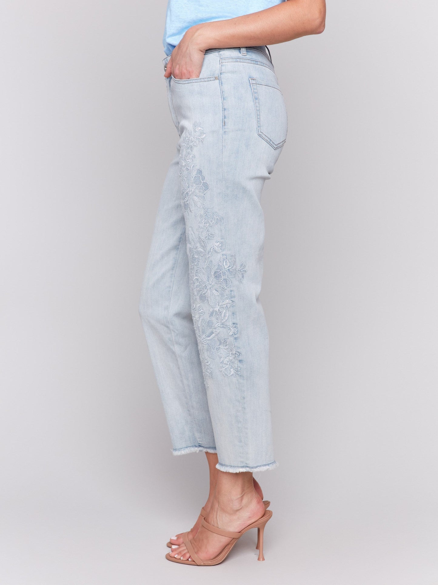 Flower Embroidered Slim Fit Jeans - Bleach Blue