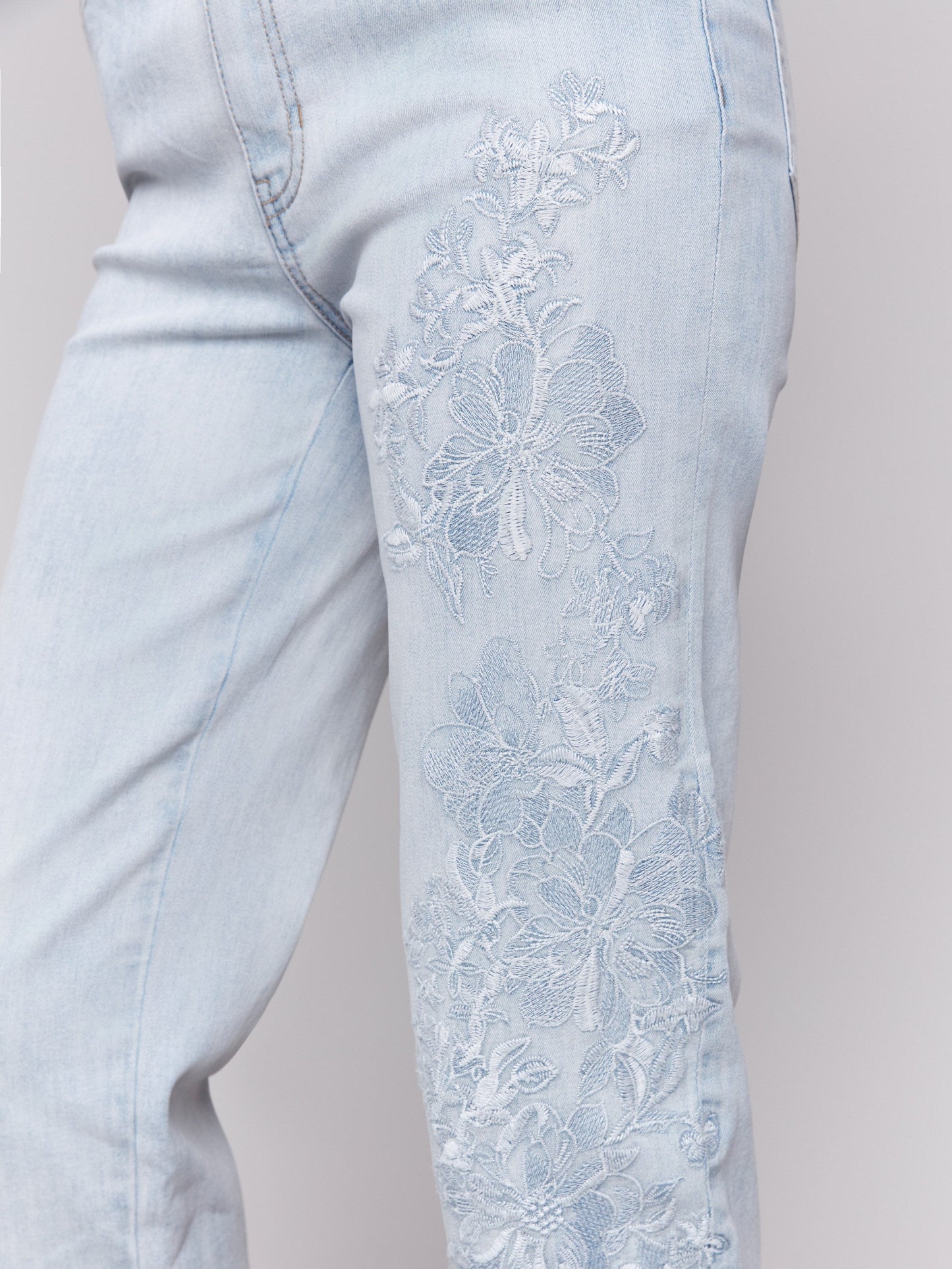 Flower Embroidered Slim Fit Jeans - Bleach Blue