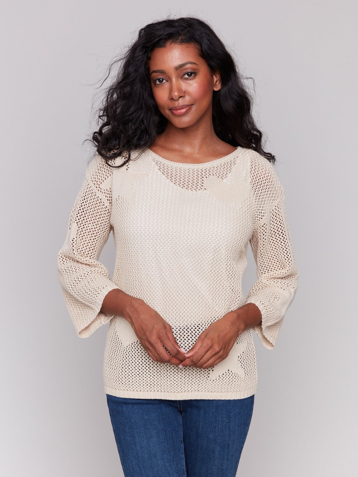Jacquard Knit Crochet Sweater - Natural