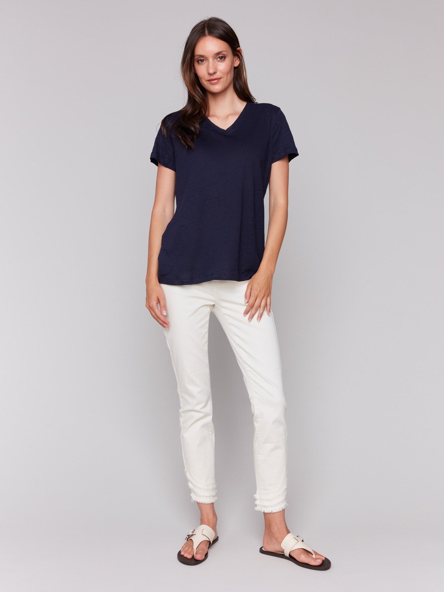 Linen Blend V-Neck T-Shirt - Navy